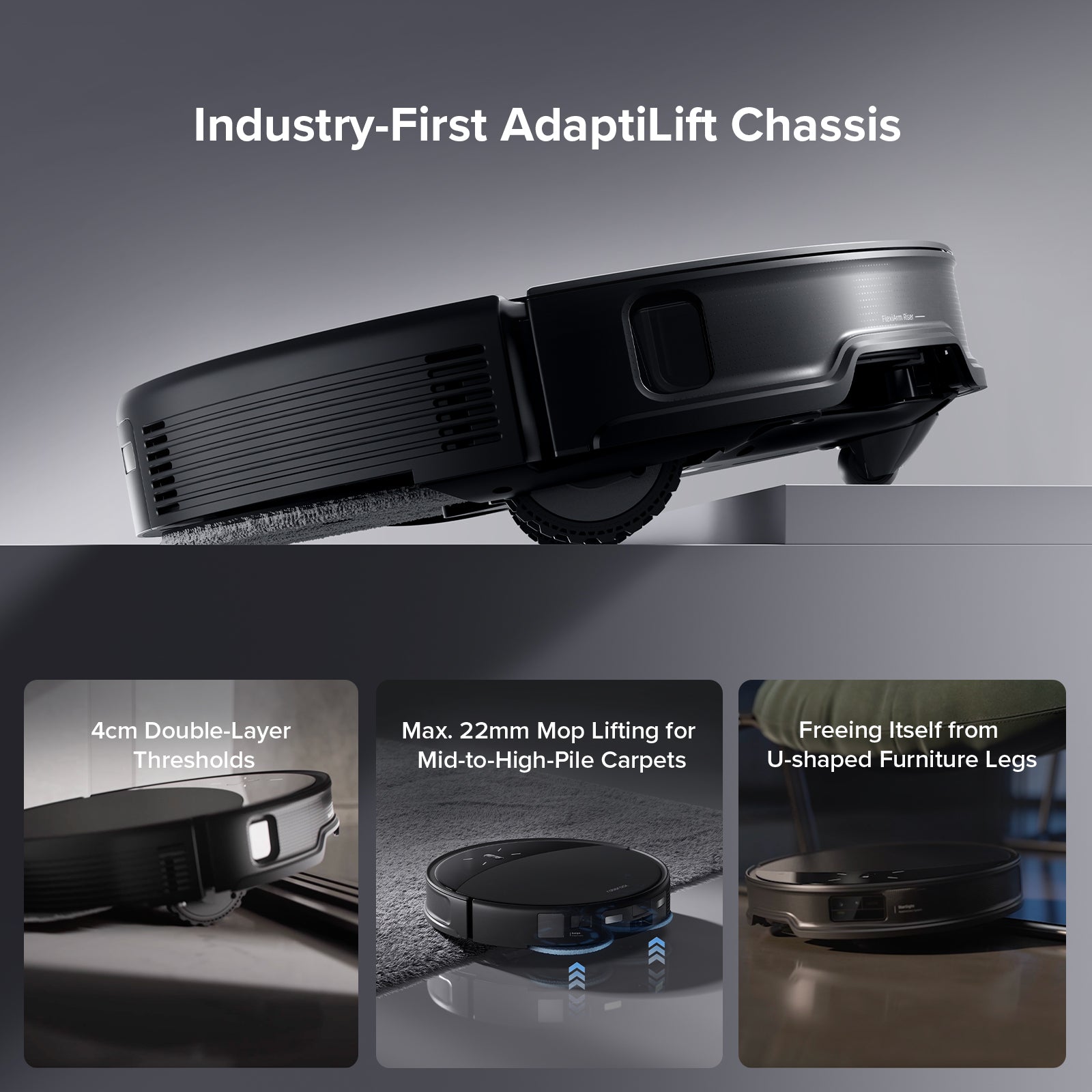 Side view of Roborock robot vacuum with adaptive lift chassis and low profile brush