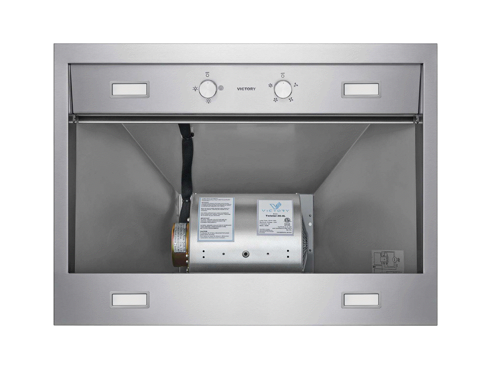Underside view of stainless steel range hood with internal blower housing