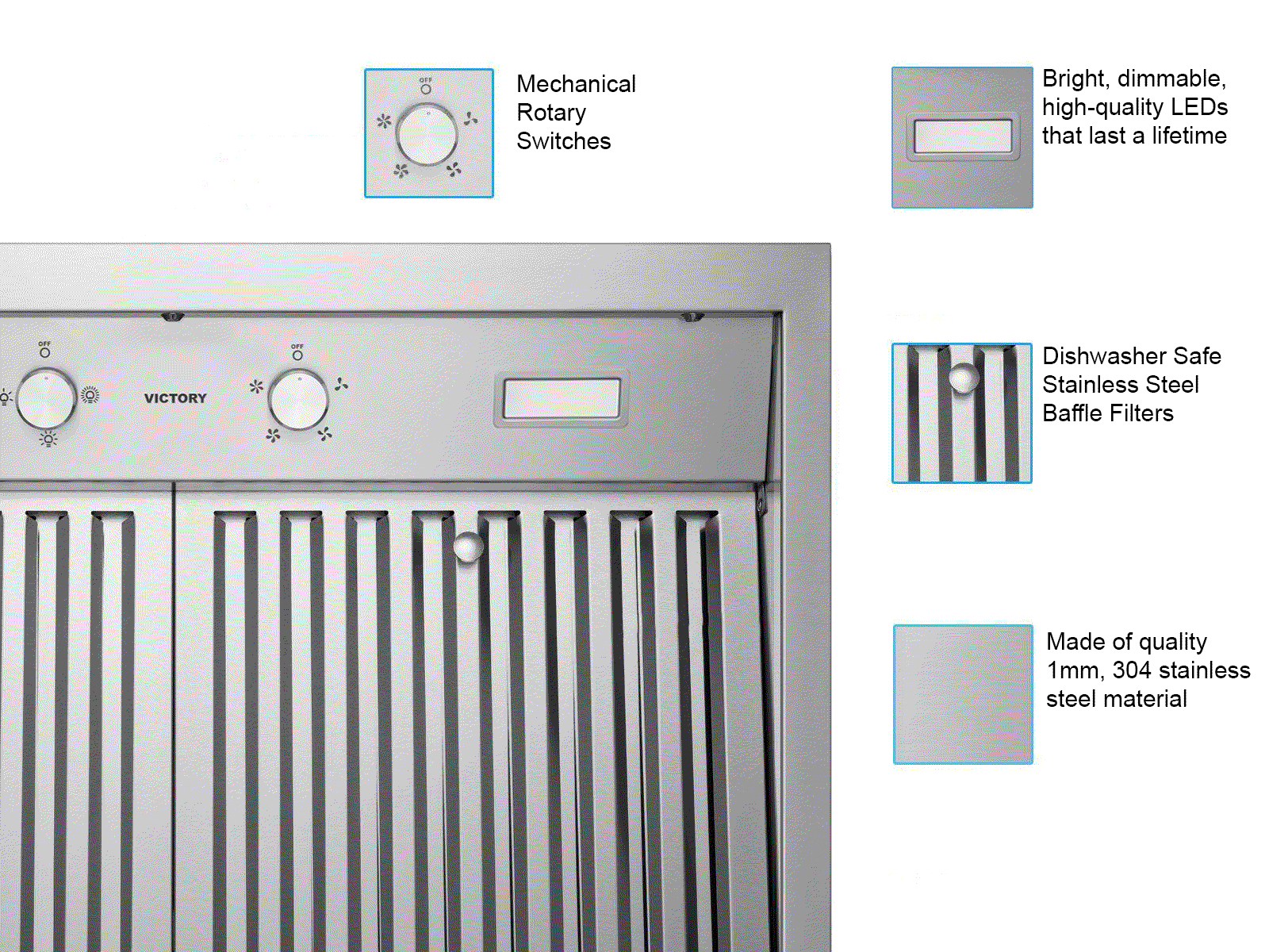 Stainless steel range hood control panel with mechanical knobs and baffle filter area