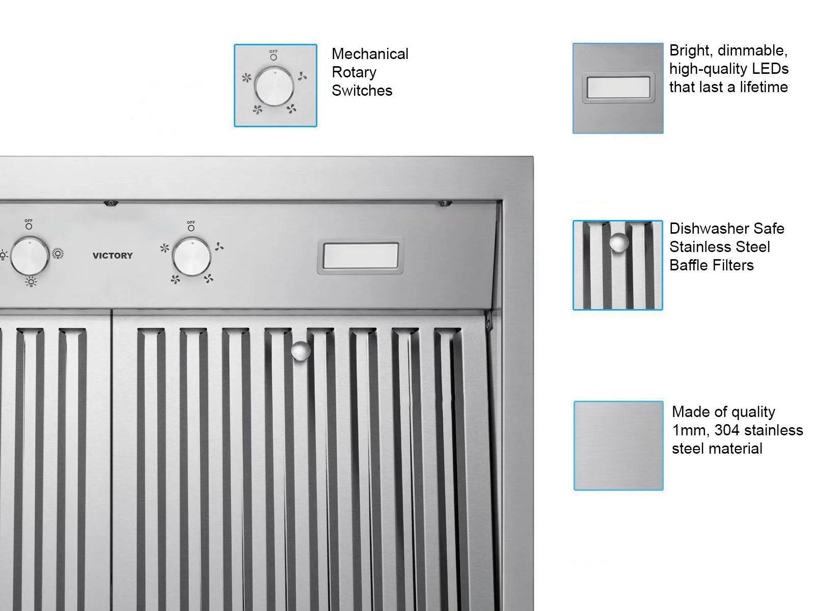 Stainless steel wall range hood with vent grille, control knobs, and baffle filter area