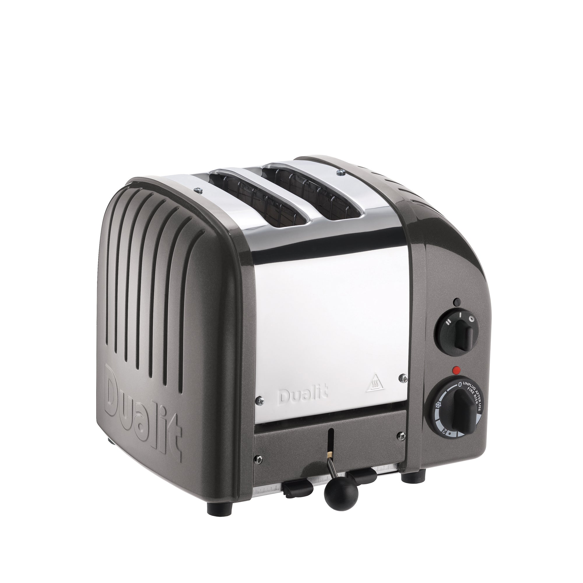 Dualit 2-slice toaster in metallic charcoal, side view with control dials and lever