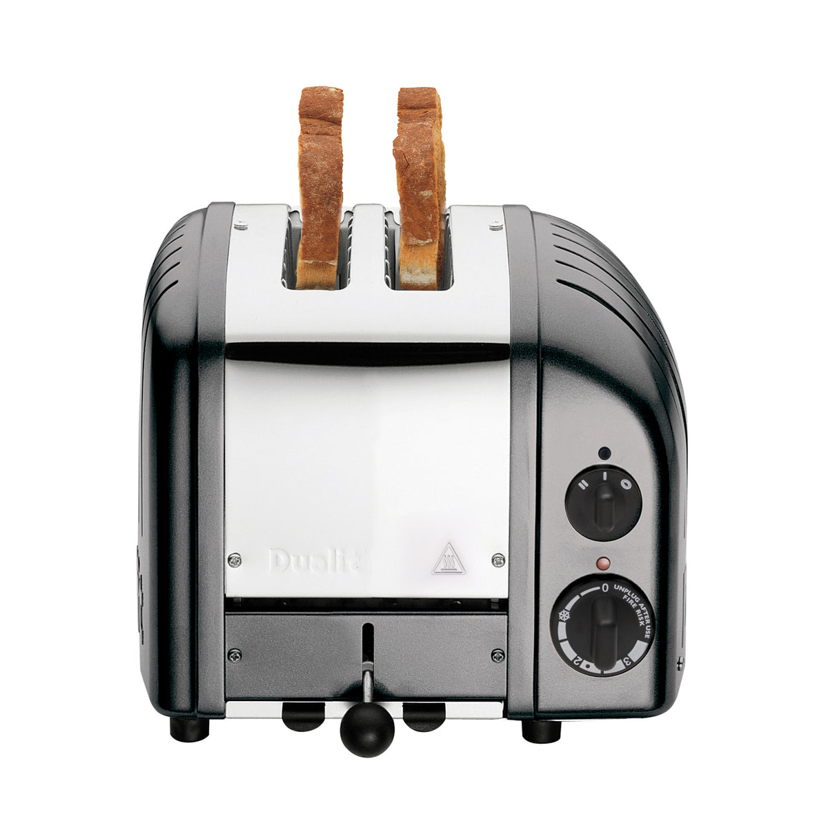 Dualit 2-slice toaster in metallic charcoal, front view with two toast slices