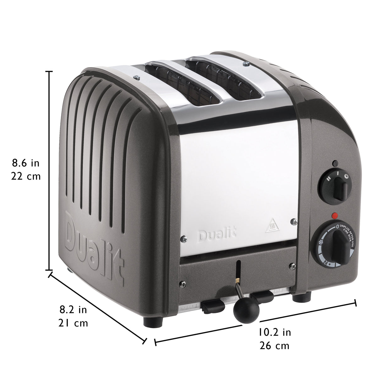 Dualit 2-slice toaster in metallic charcoal, side profile with browning controls