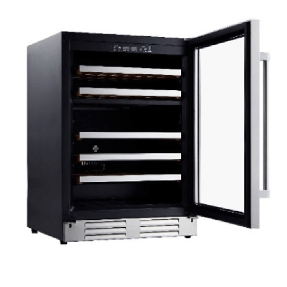 Built-in wine cooler open door, black interior racks and stainless lower vent grille