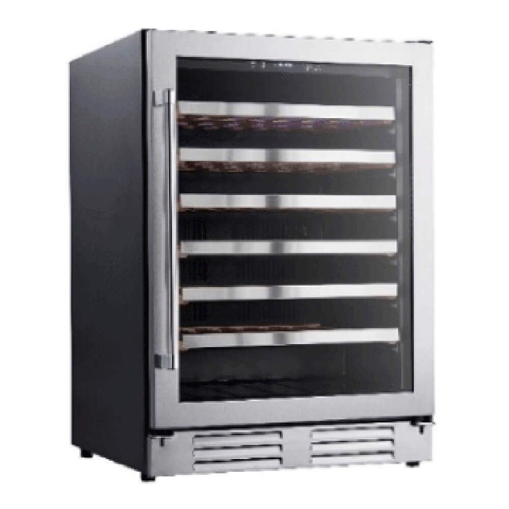 Built-in wine cooler with glass door, stainless frame, and multi-tier bottle racks