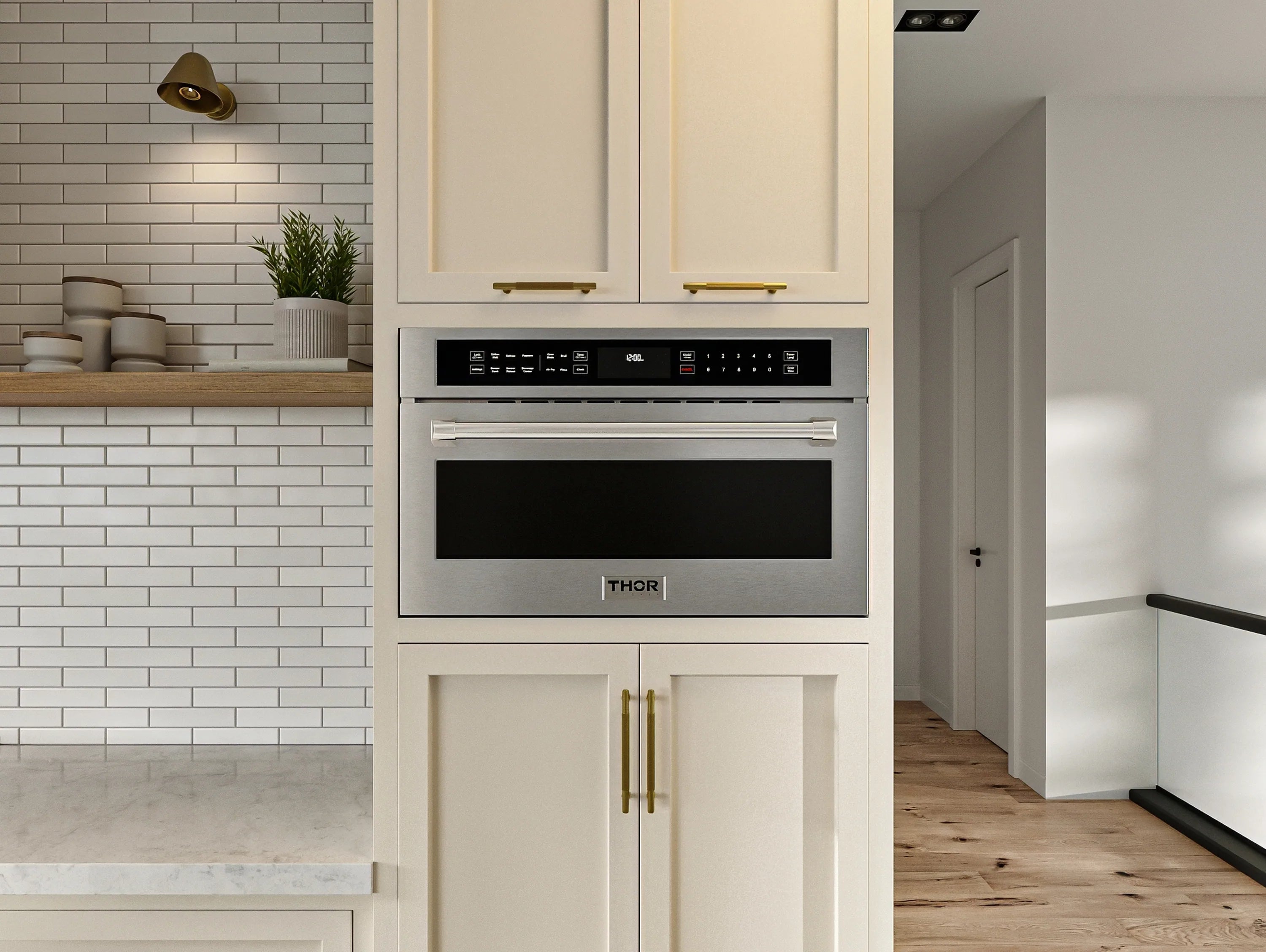Stainless steel built-in wall oven with black glass door and control panel