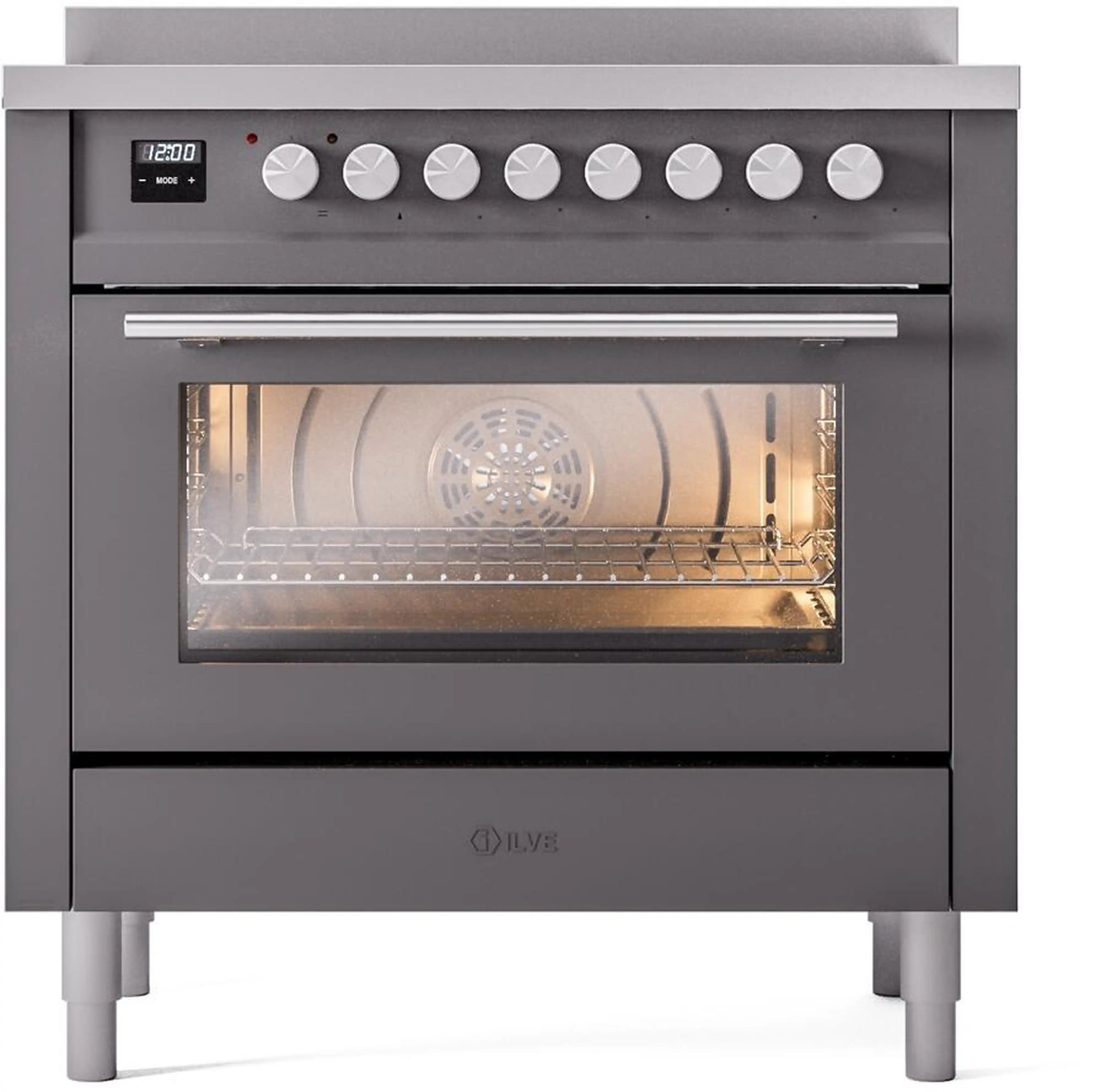 Matte graphite induction range front view with oven cavity