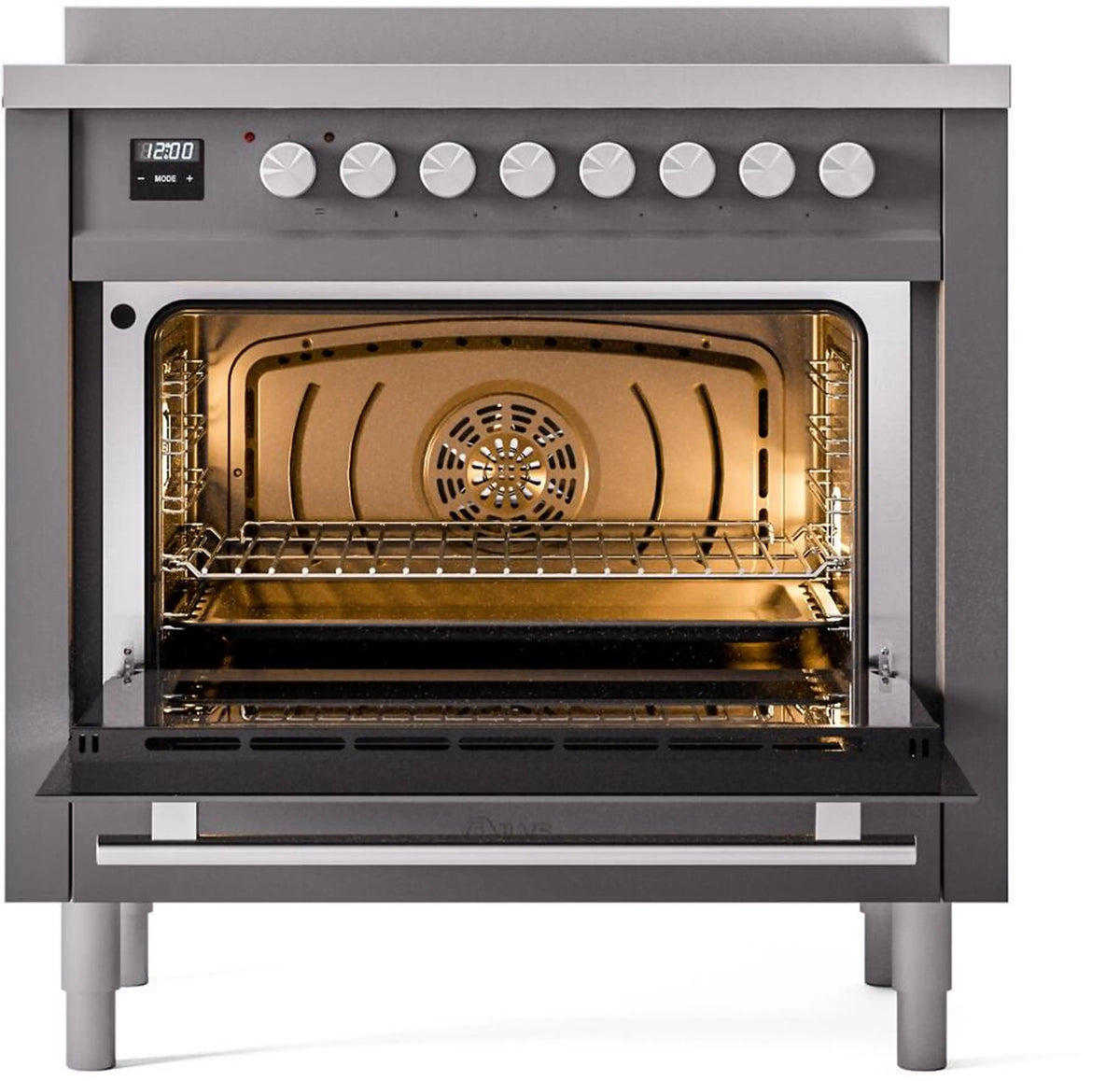 Matte graphite induction range with open oven door and wire rack