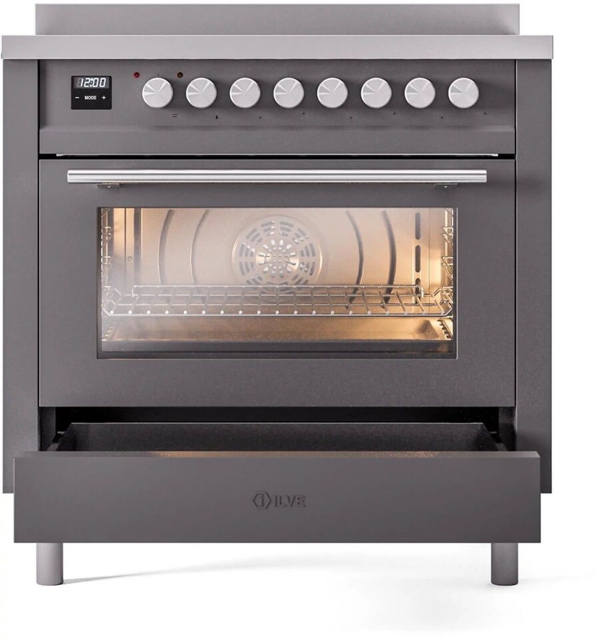 Matte graphite induction range with glass oven door open and control panel