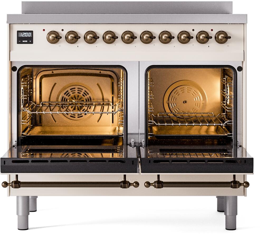 Freestanding electric induction range with two open ovens, antique white and bronze trim