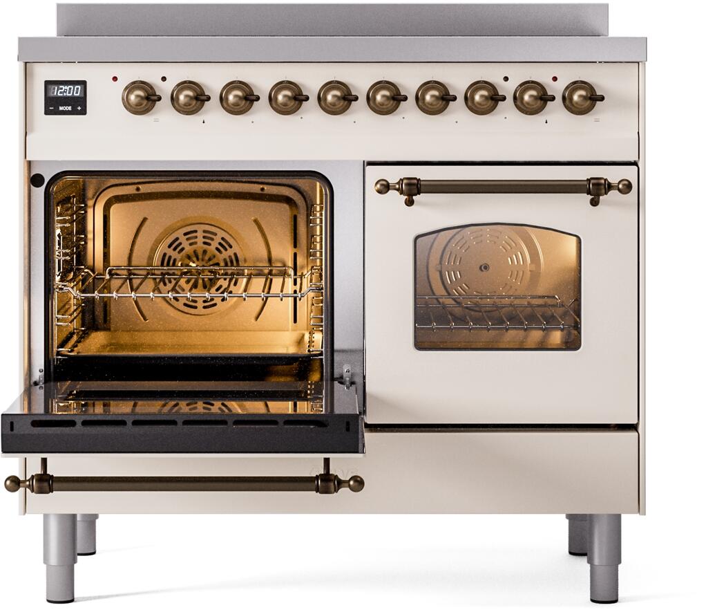 Antique white freestanding induction range with open oven door and bronze control knobs