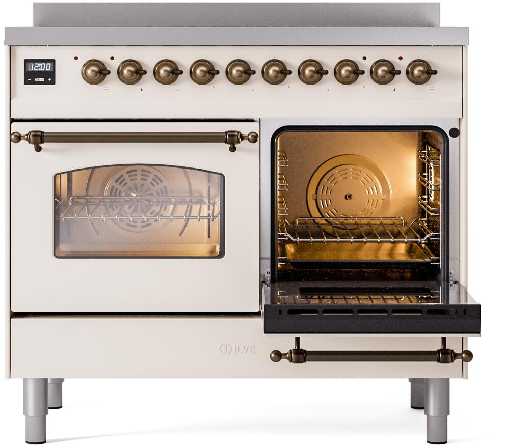 Antique white freestanding induction range with open right oven door and bronze handles