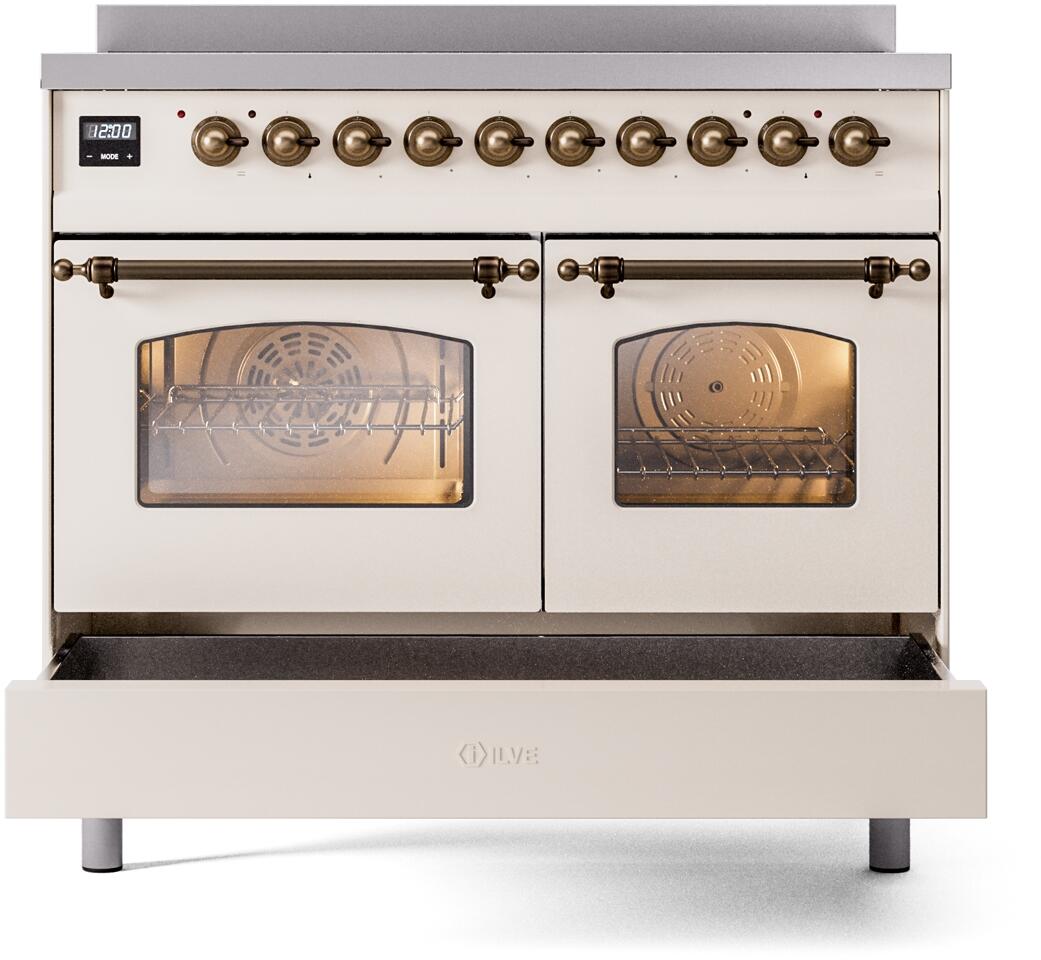 Antique white freestanding induction range with two oven windows and open warming drawer