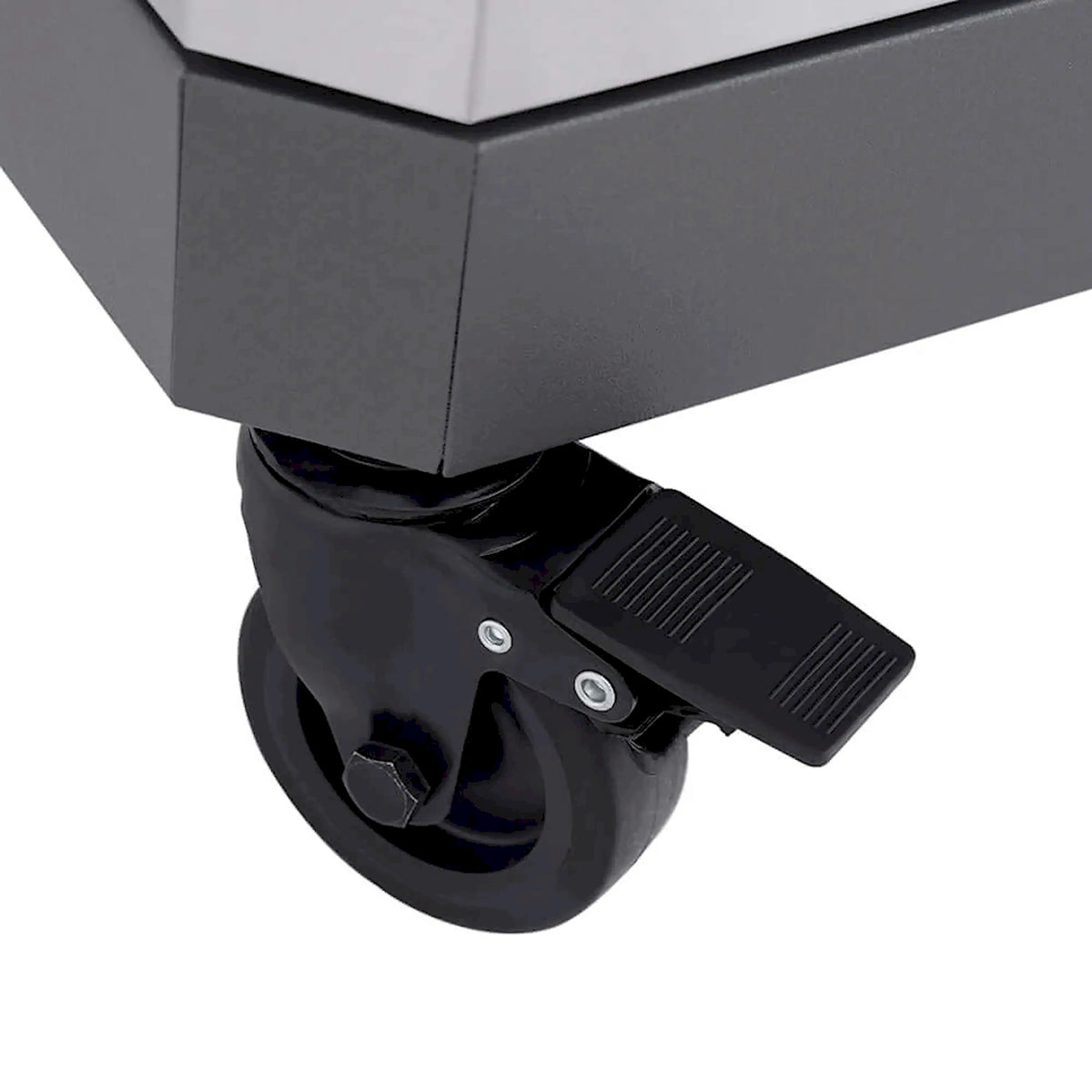 Stainless steel grill with black caster wheel and side ignition control lever