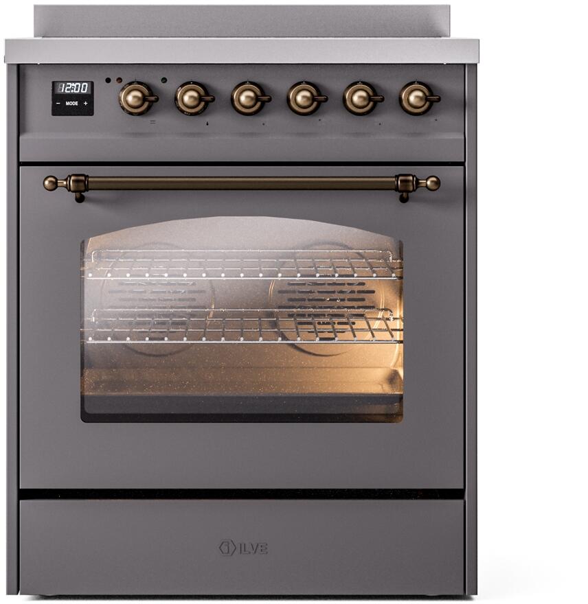 Freestanding electric induction range with open oven door, bronze knobs, and tinted glass.