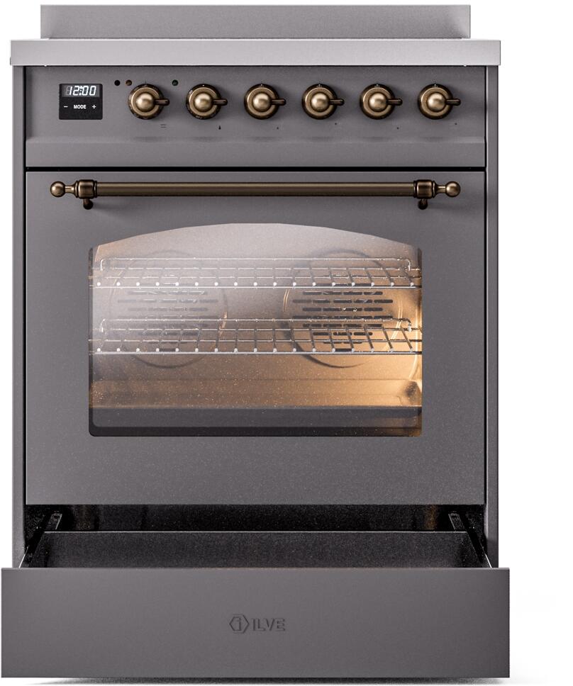 Freestanding electric induction range with open oven door, bronze handle, and control panel.