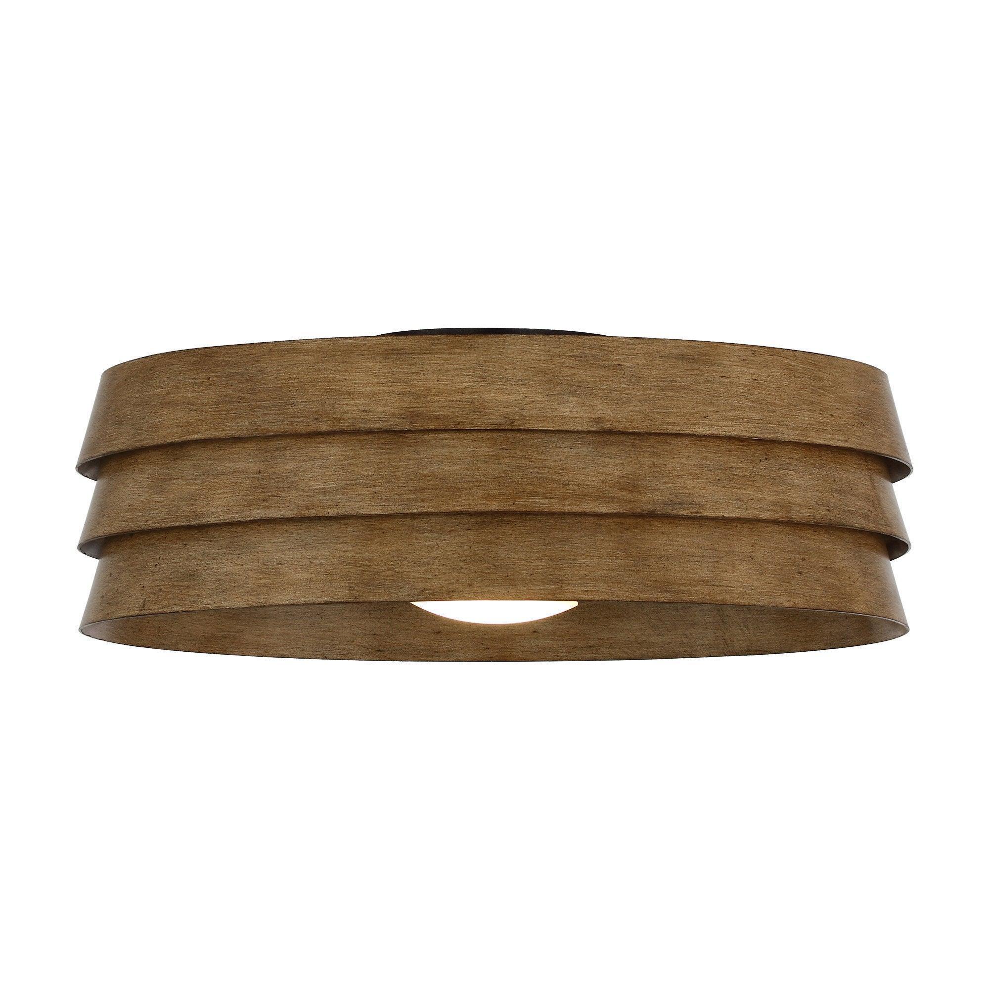 Brown flush mount ceiling fan with integrated LED and stacked wood-look drum shade