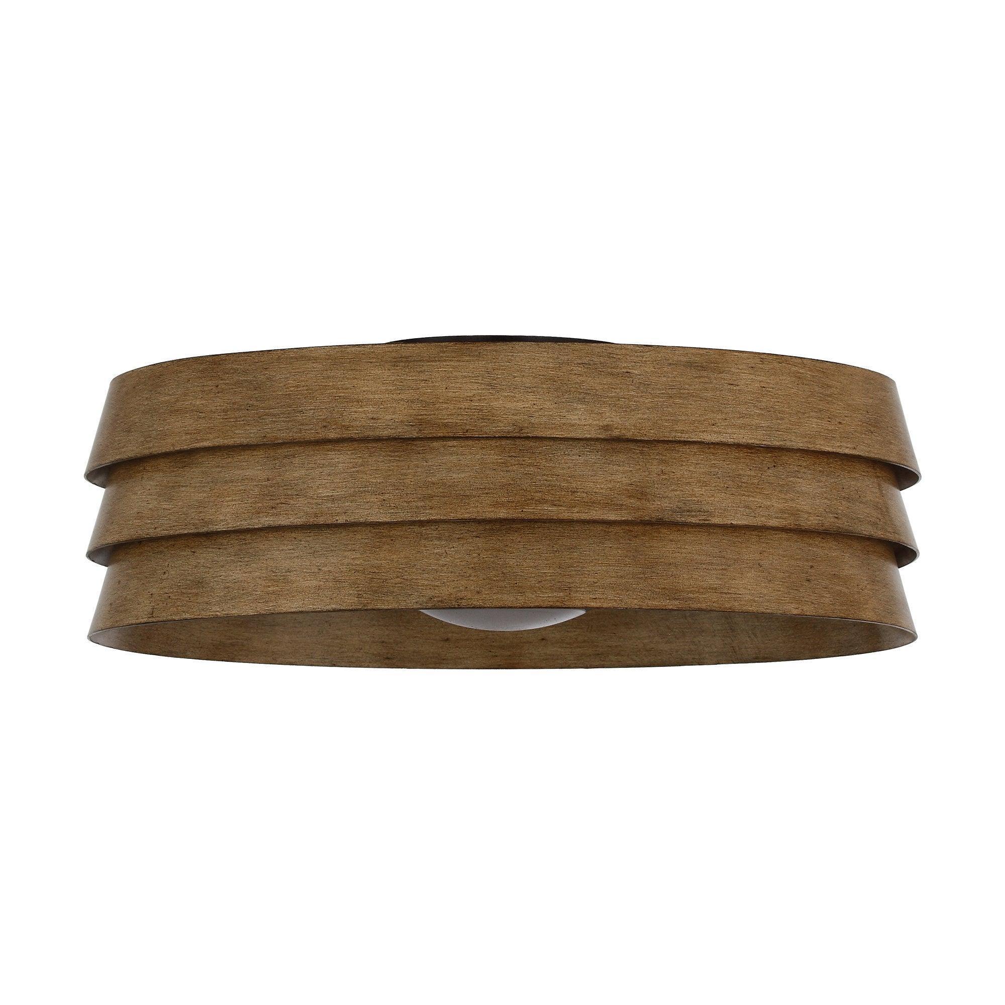 Brown flush mount ceiling fan with integrated LED light and layered wood-look drum housing