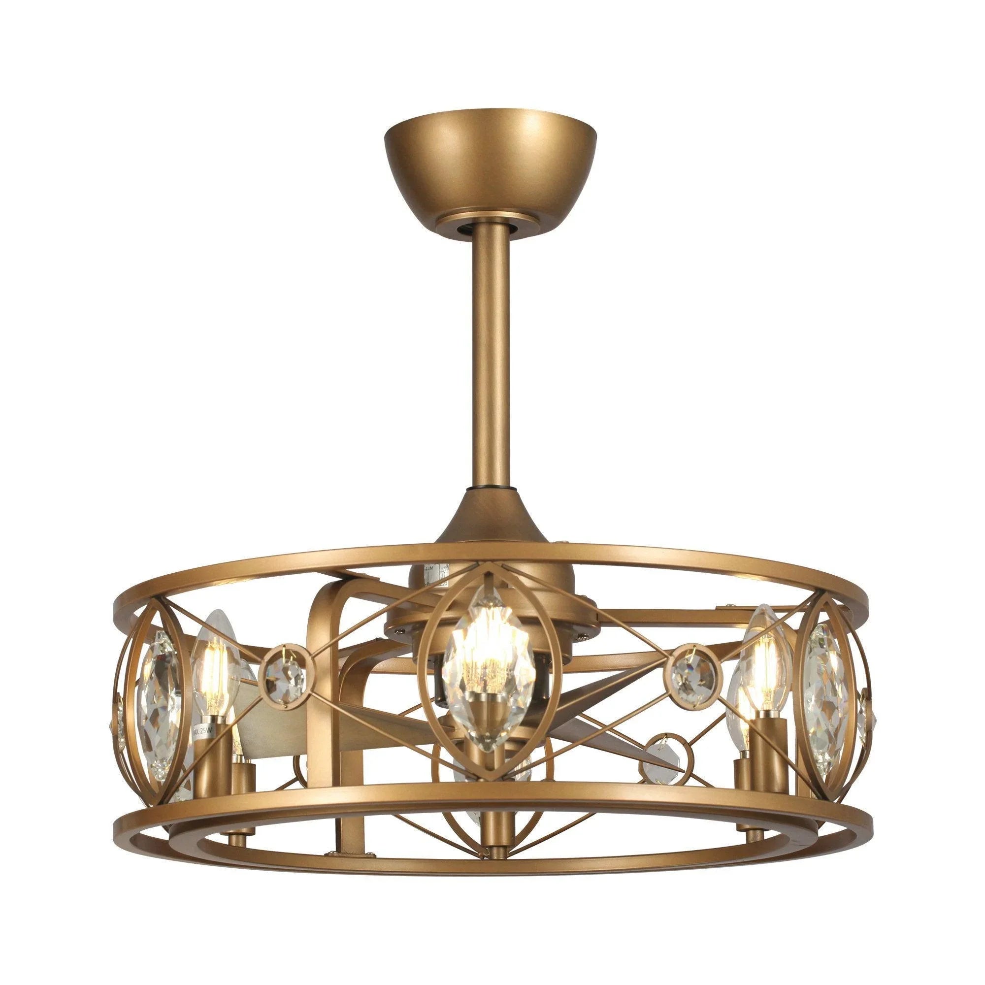 Gold ceiling fan chandelier with lit bulbs and crystal oval decorative elements
