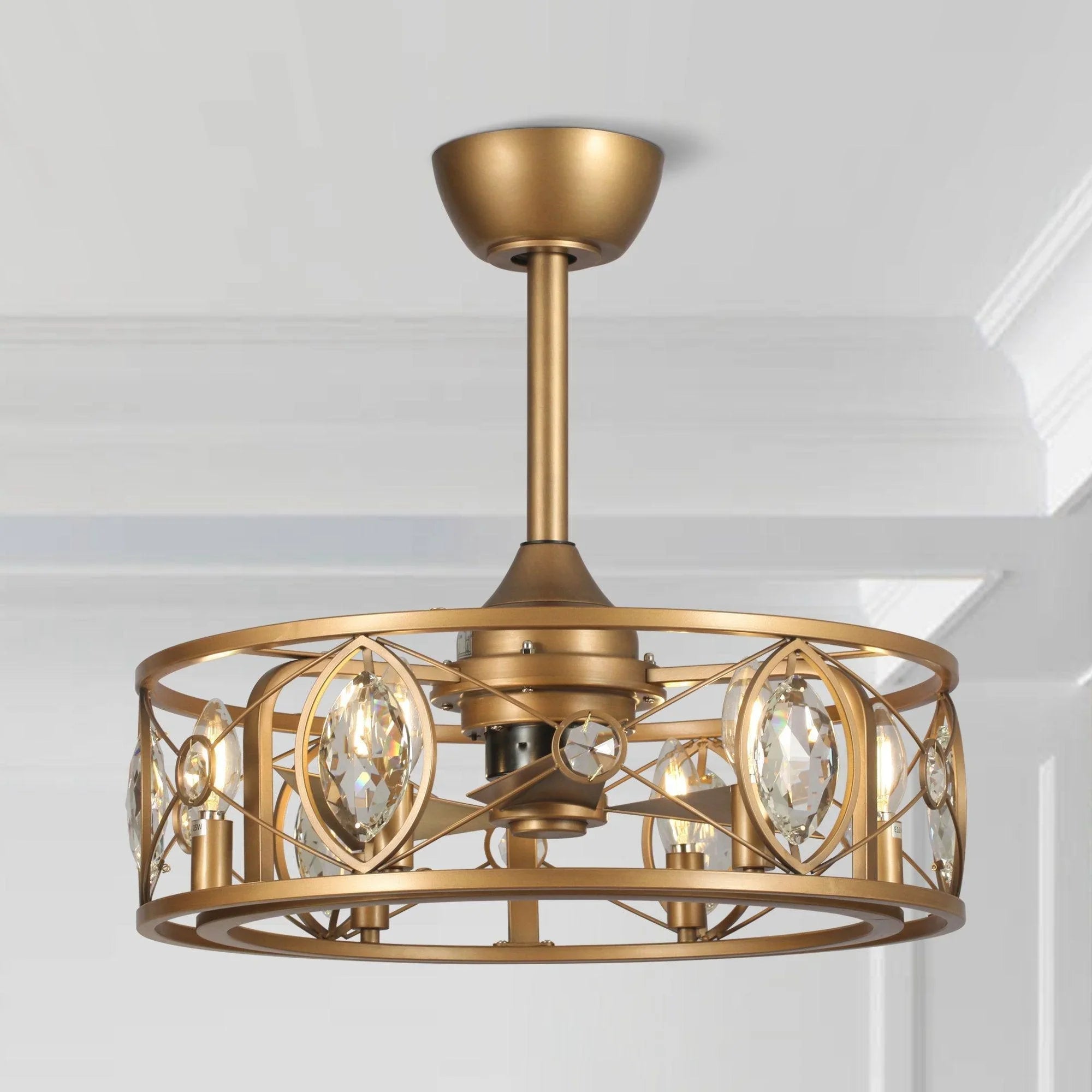 Gold ceiling fan chandelier with crystal oval details and a central motor housing