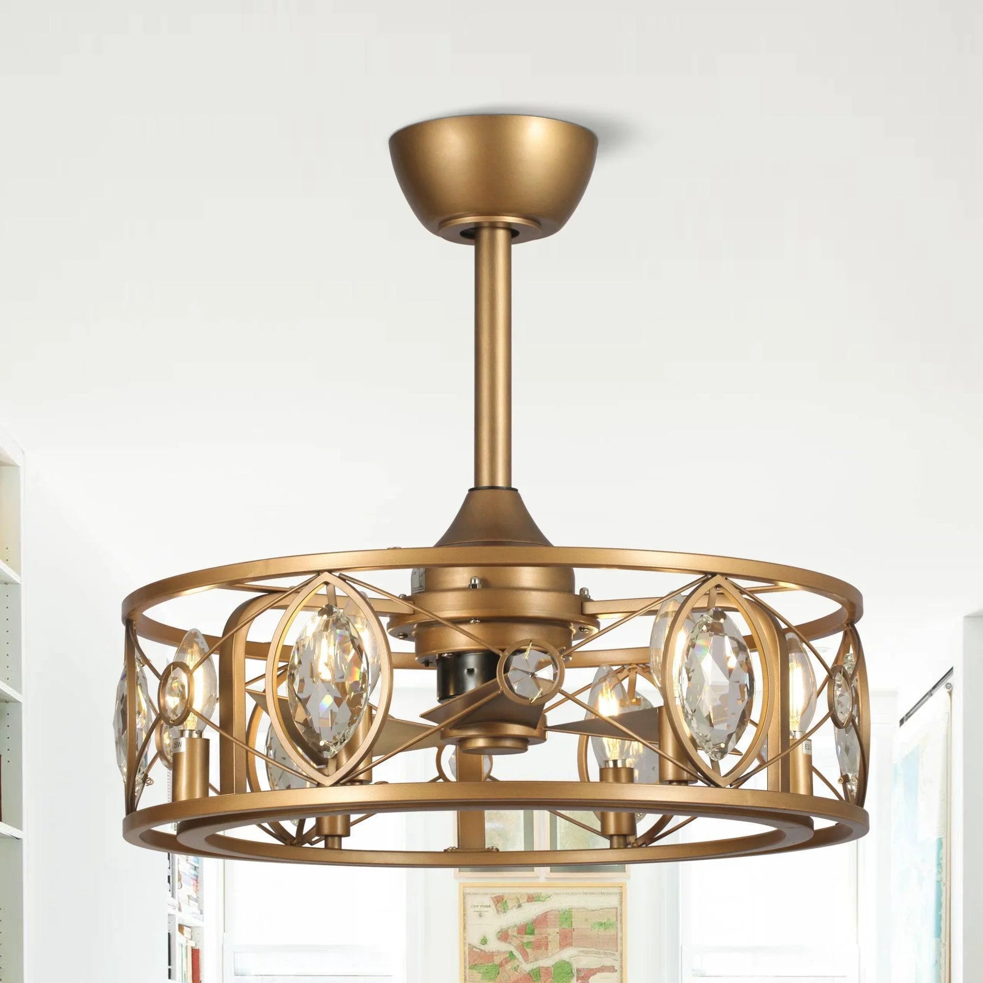 Gold ceiling fan chandelier with crystal accents and multiple decorative light arms