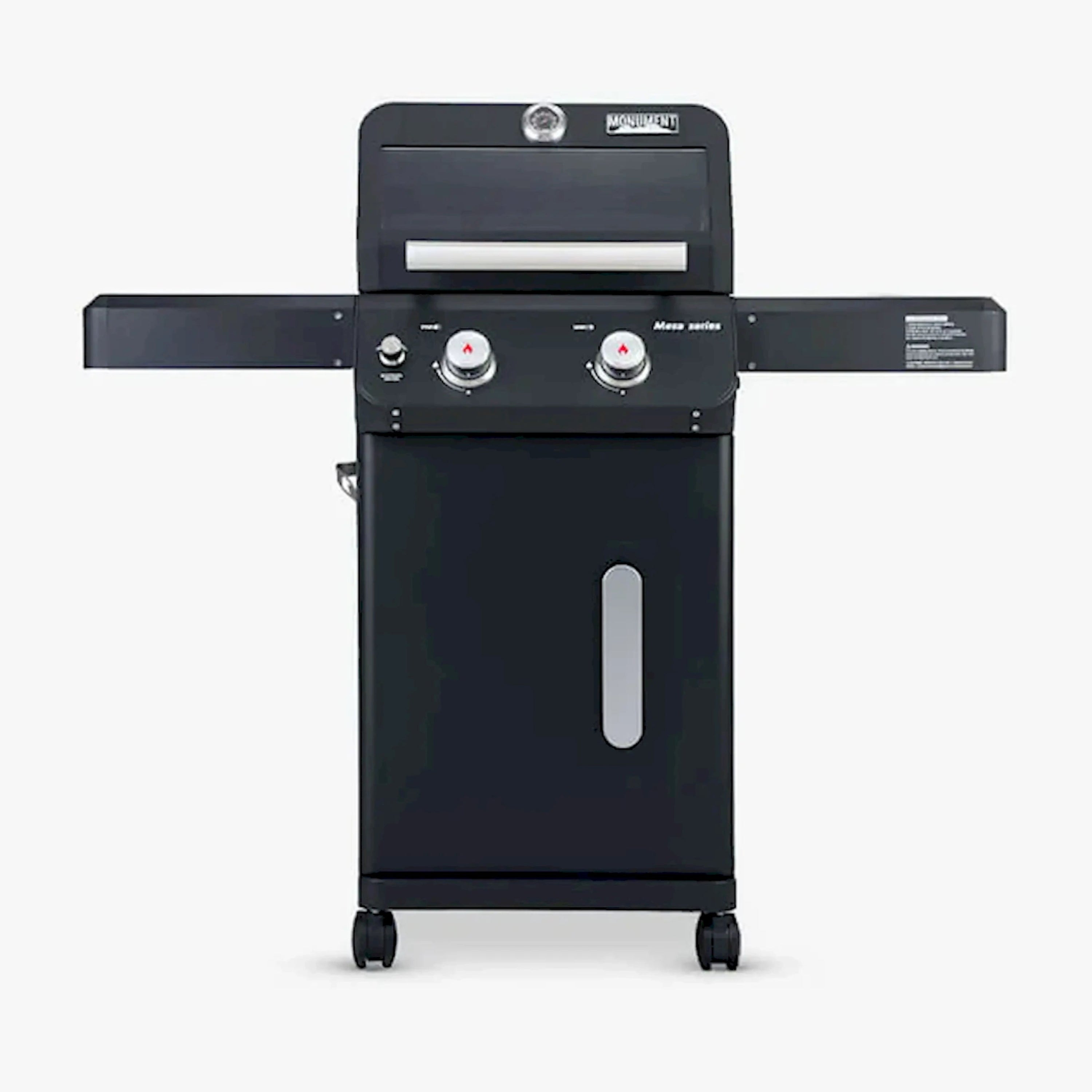 Black propane grill 3/4 view with closed hood, control knobs, and two front wheels