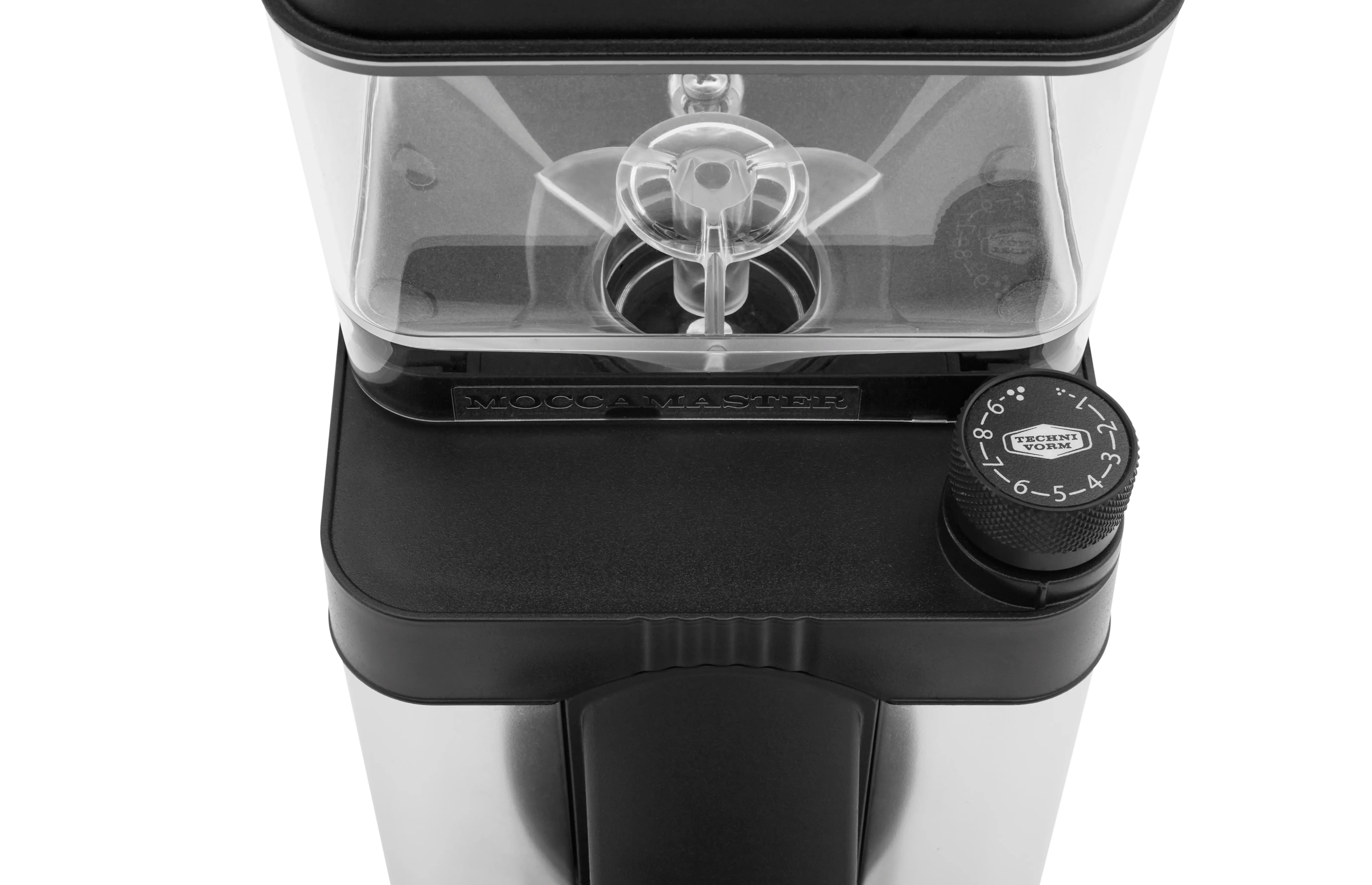 Polished silver burr grinder with clear hopper and black grind setting dial