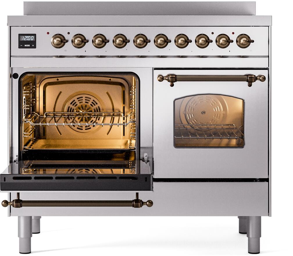 Induction range with oven door open on the left and a closed right glass window
