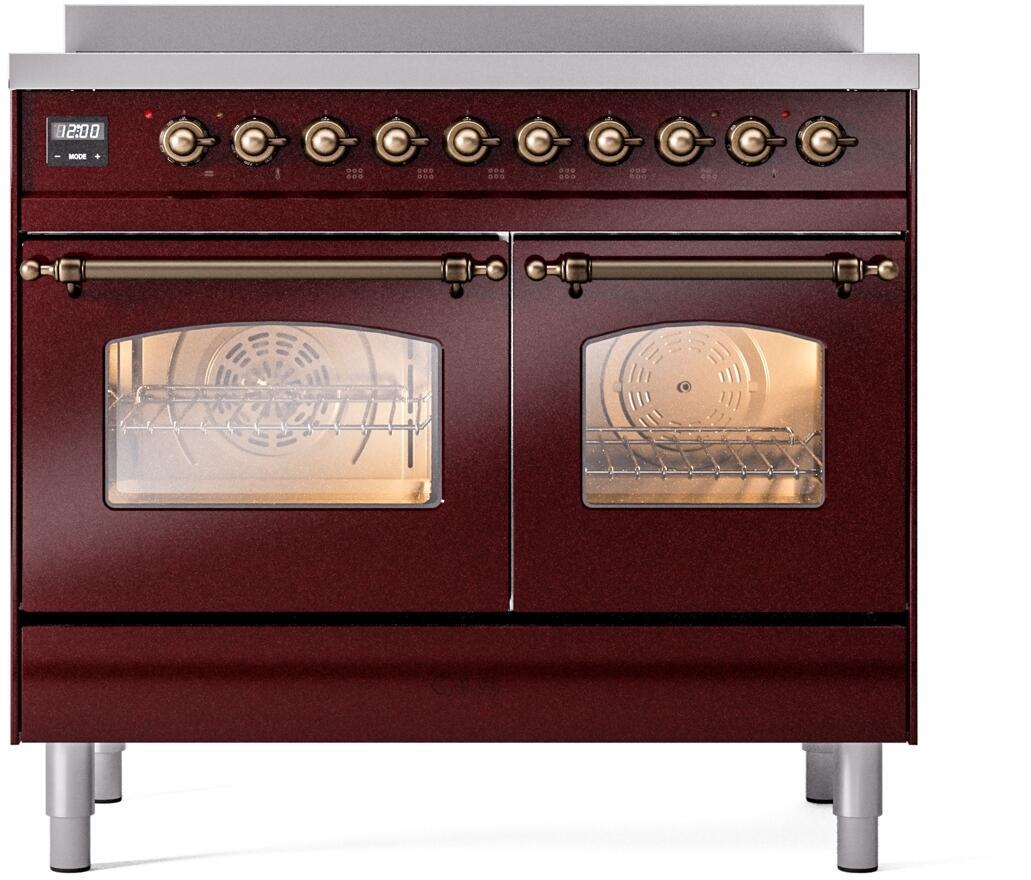 Burgundy freestanding electric induction range with bronze-trimmed control panel and doors.