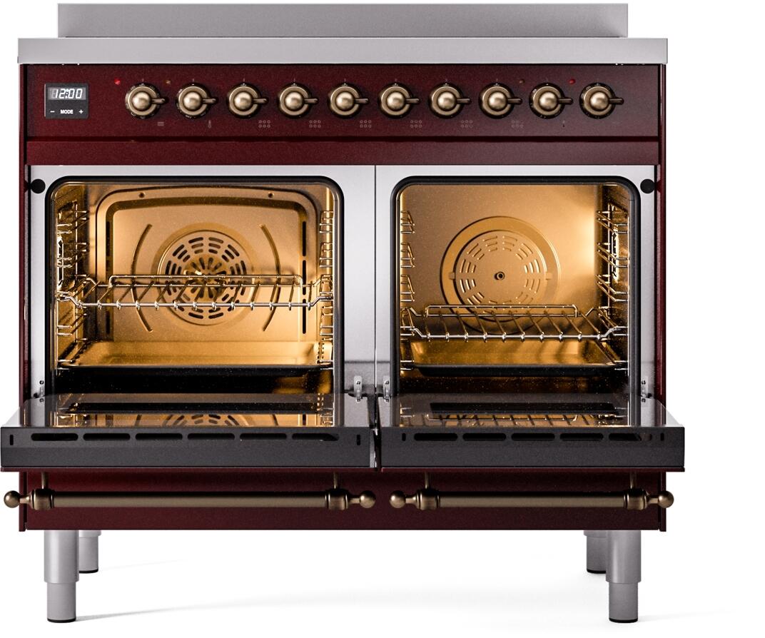 Burgundy electric induction range with both oven doors open and interior racks visible.