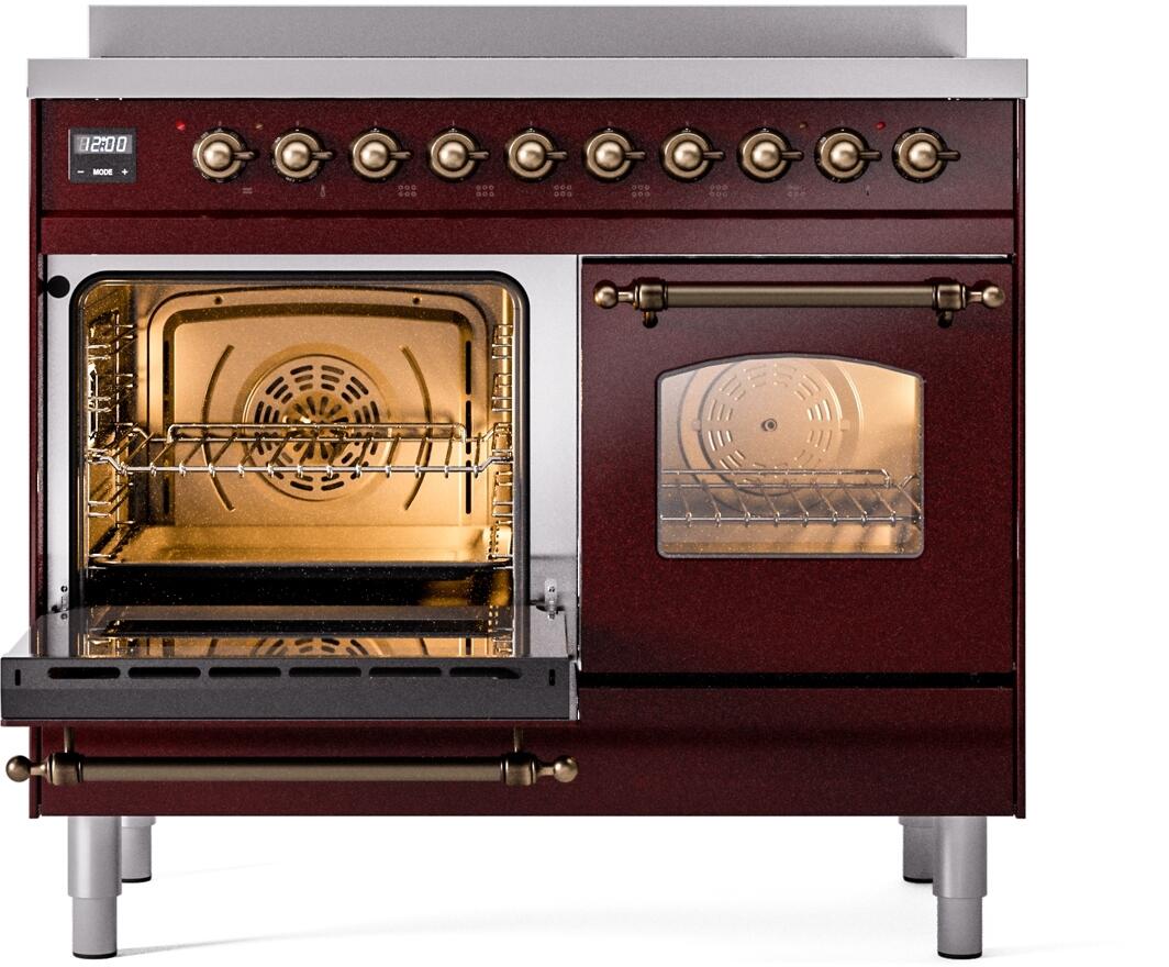 Burgundy induction range with left oven door open, right door closed, bronze handle bars.