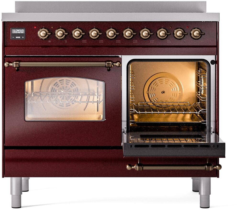 Burgundy freestanding induction range with left door closed and right oven door open.