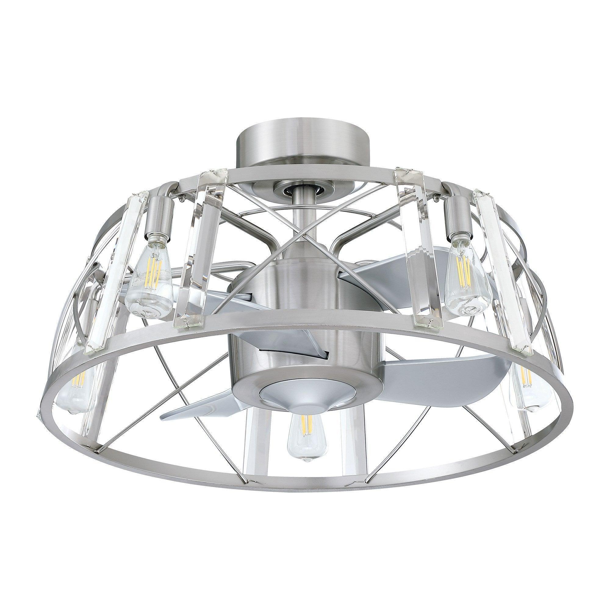 Satin nickel ceiling fan with clear glass bulb lights and open wire cage frame