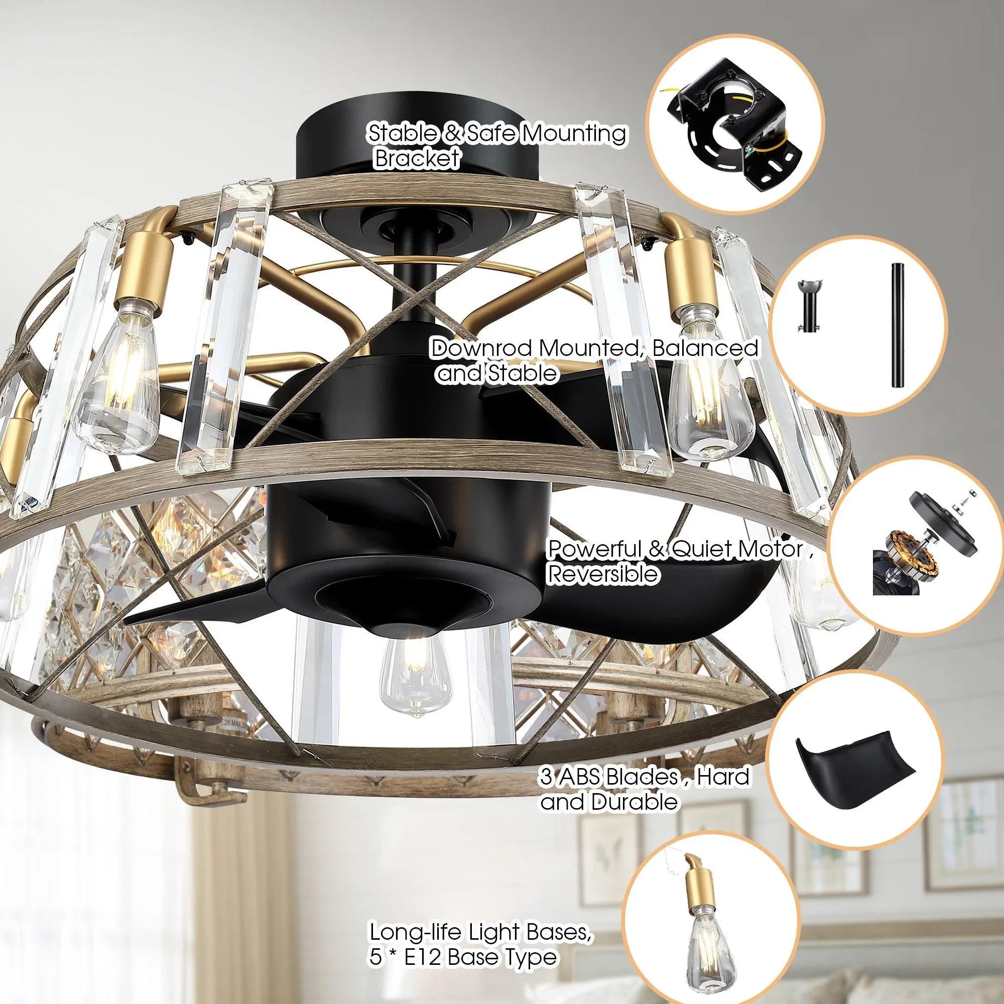Black and gold ceiling fan with clear bulb lights and wire cage in labeled diagram