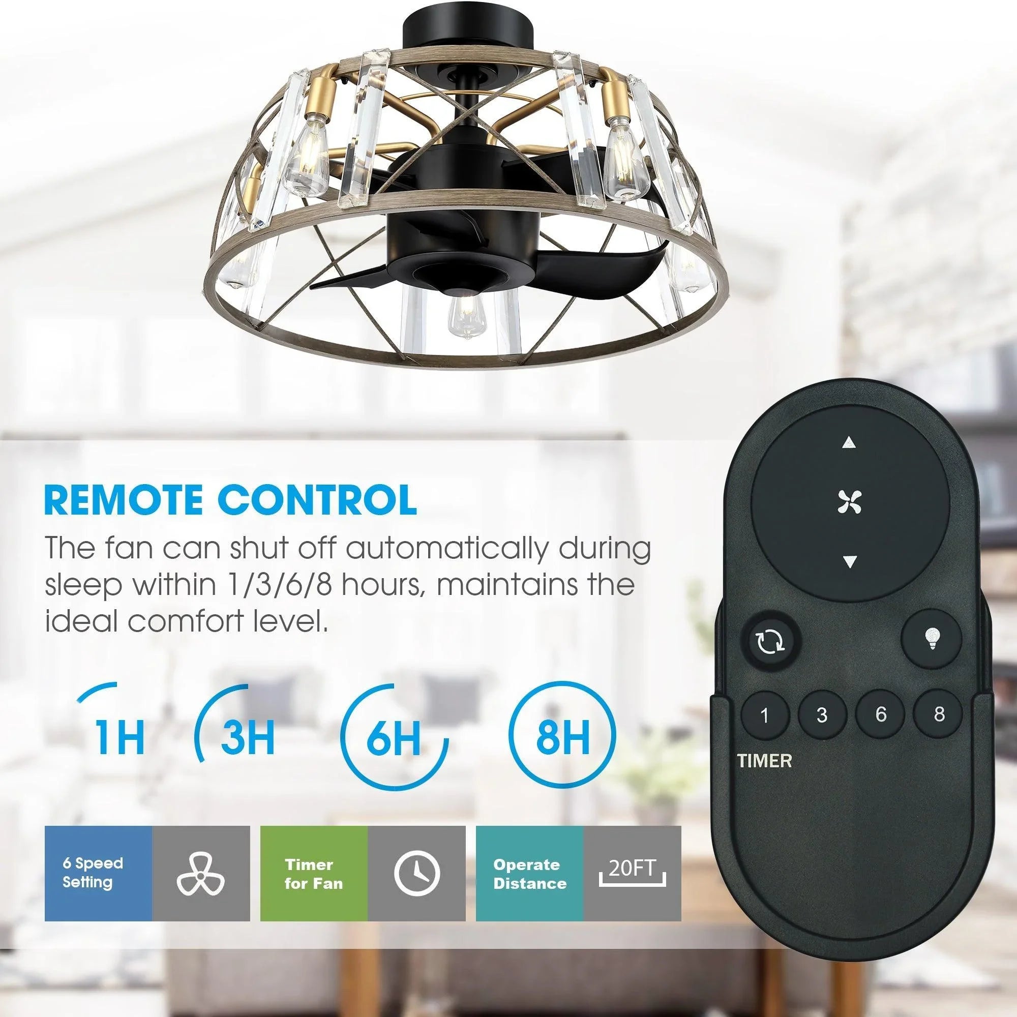 Ceiling fan with clear bulb light and included black remote control