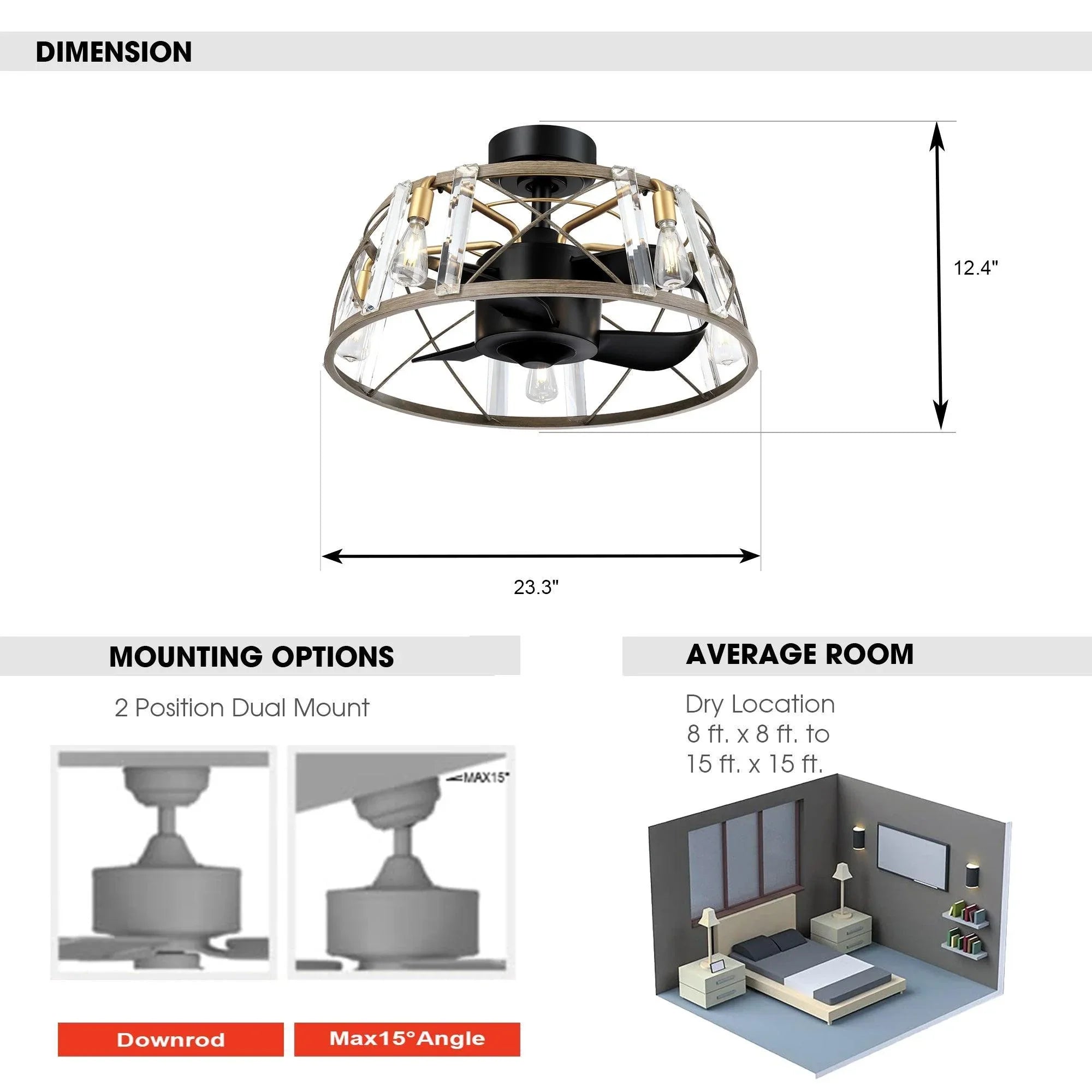 Ceiling fan light fixture with clear glass panels and black motor housing