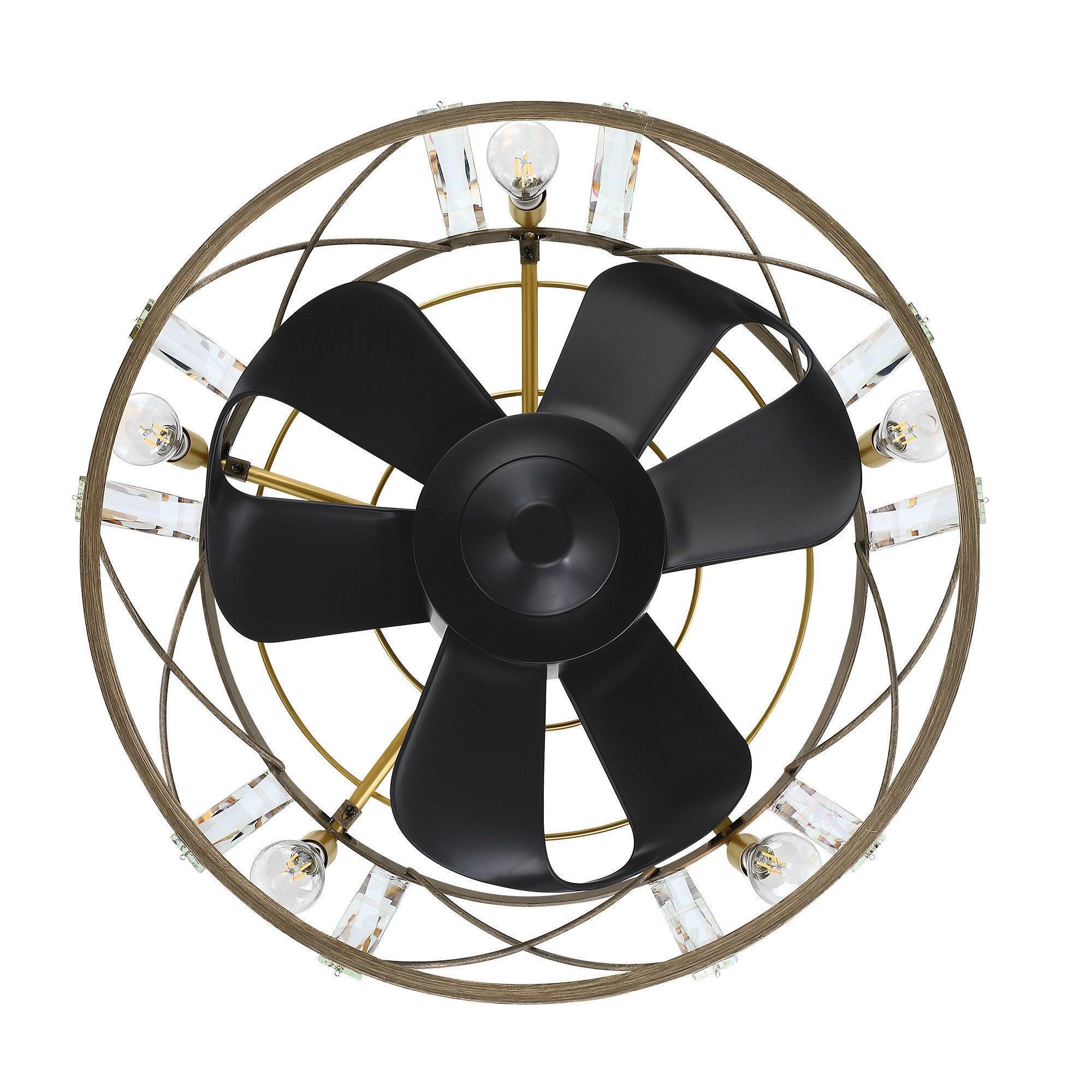 Black ceiling fan with four blades and clear bulb lights around a metal wire cage