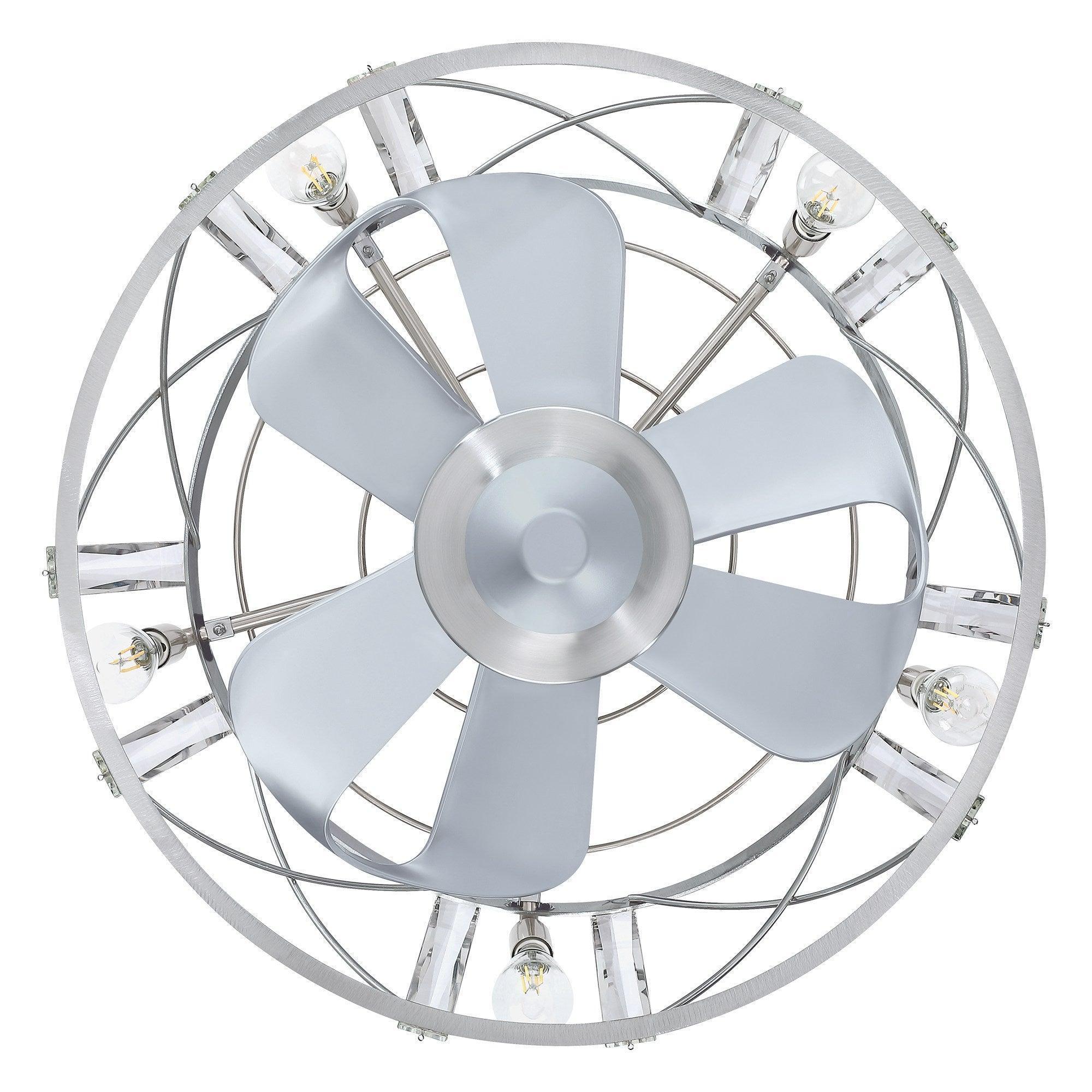 Satin nickel ceiling fan with four blades and clear bulb lights in a circular cage