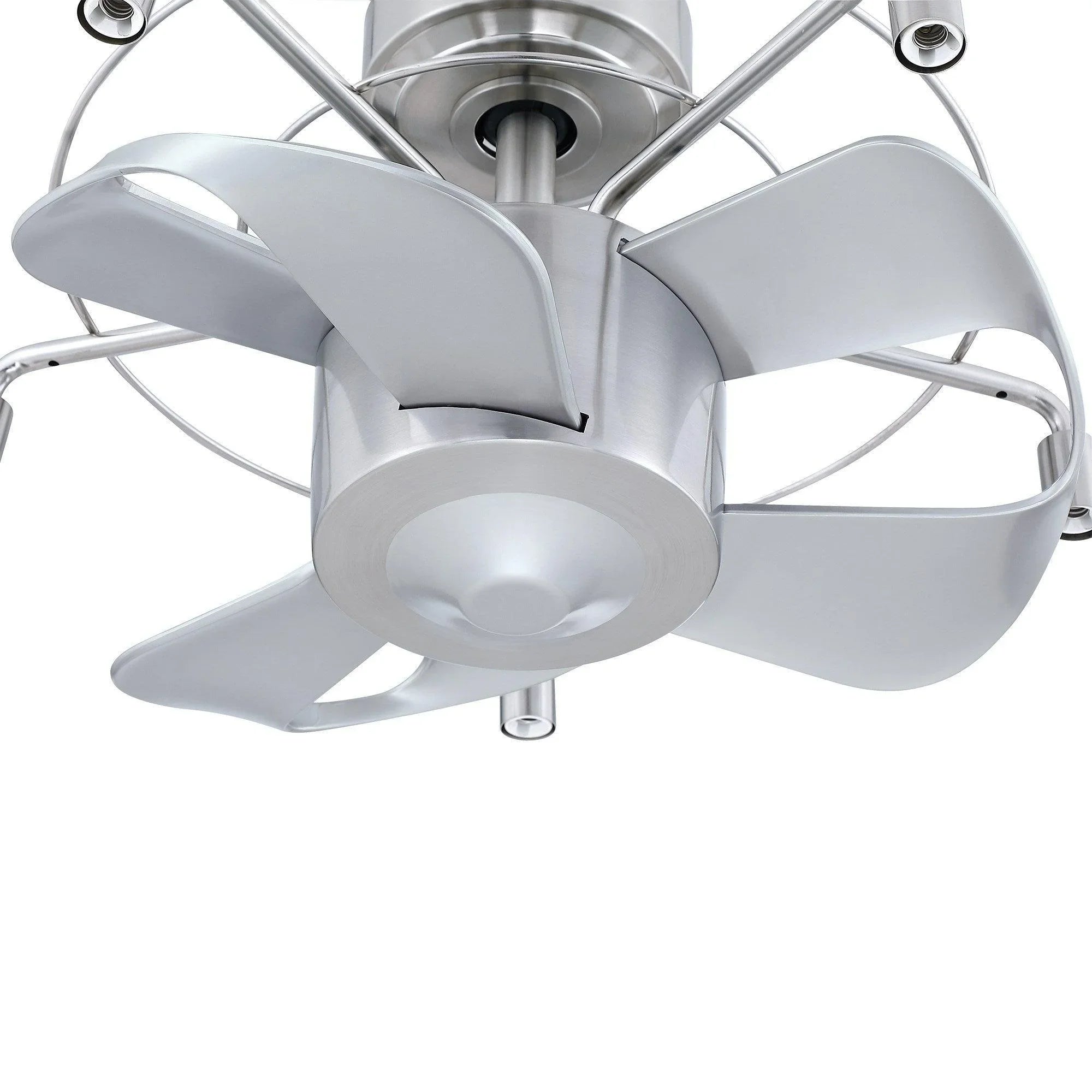 Satin nickel ceiling fan motor housing with four angled blades and wire light frame