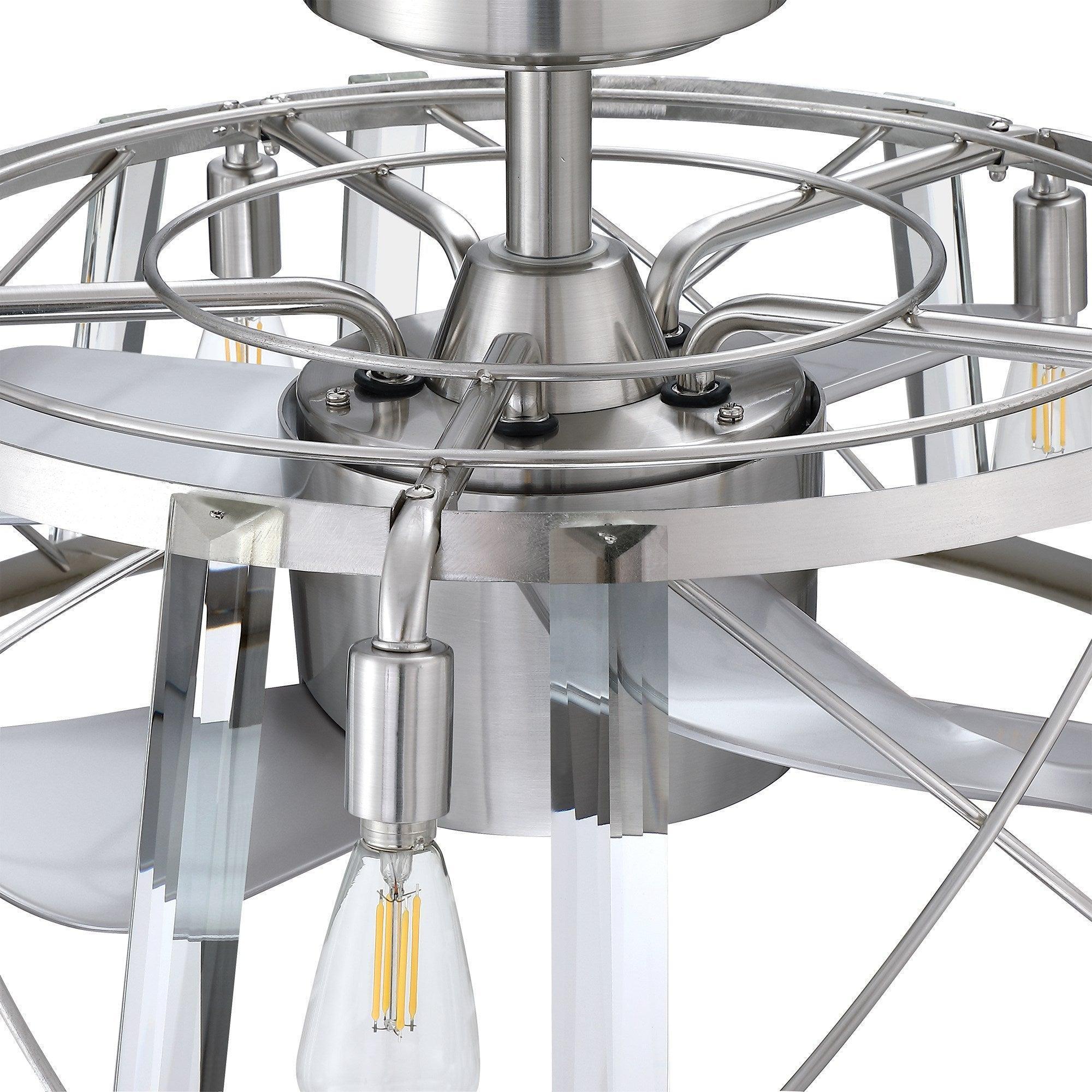 Satin nickel ceiling fan detail showing lamp sockets with clear glass bulbs