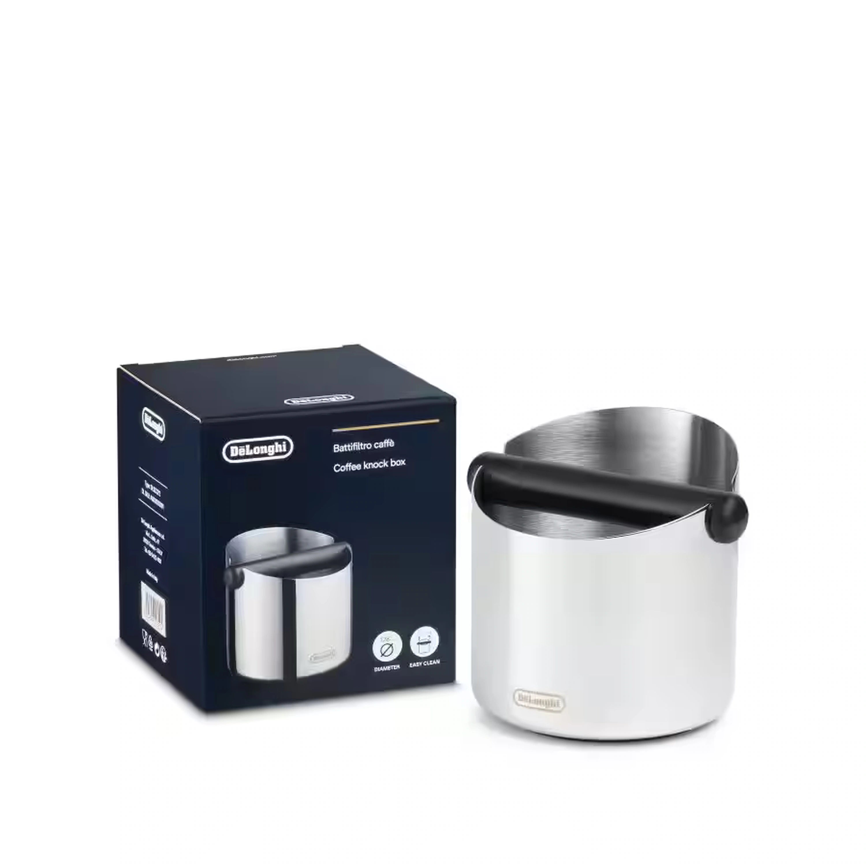 Stainless steel coffee knock box with black handle, shown with product box
