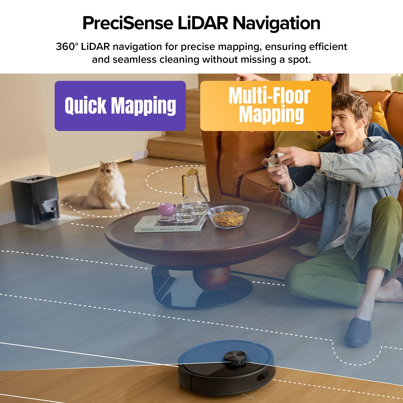 Black robot vacuum mapping navigation over a living room floor