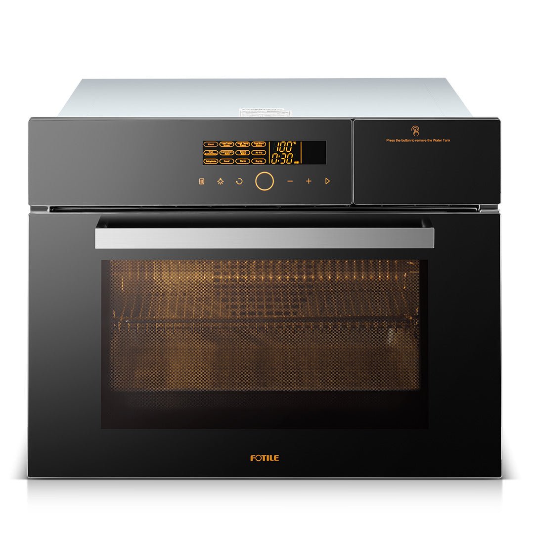 Black electric built-in combi oven with closed door and front control panel