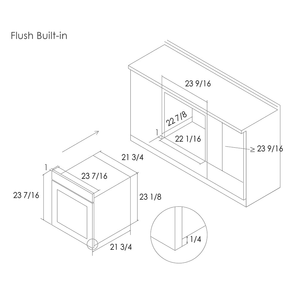 Built-in oven cutout diagram with flush installation dimensions and front opening measurements.