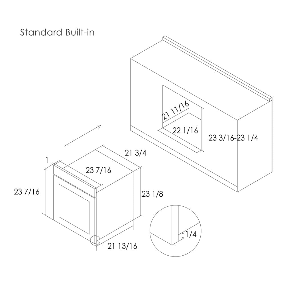 Built-in oven cutout diagram with standard installation dimensions, front opening measurements.
