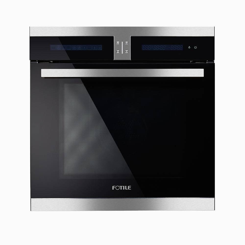 Stainless steel built-in convection oven with black glass door and digital control panel