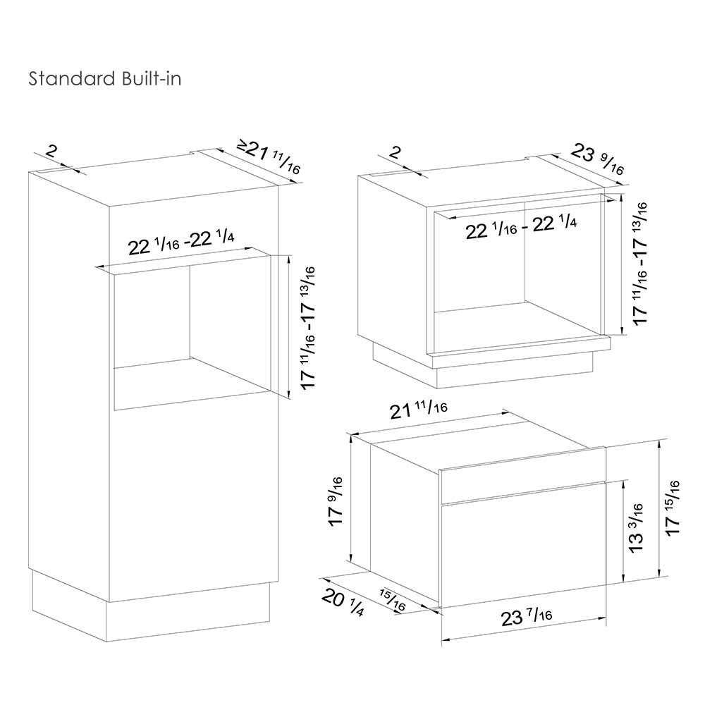 Standard built-in steam oven dimensions diagram: opening and cavity sizes