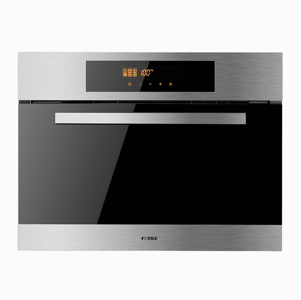 Built-in stainless steel steam oven with black control panel and front handle