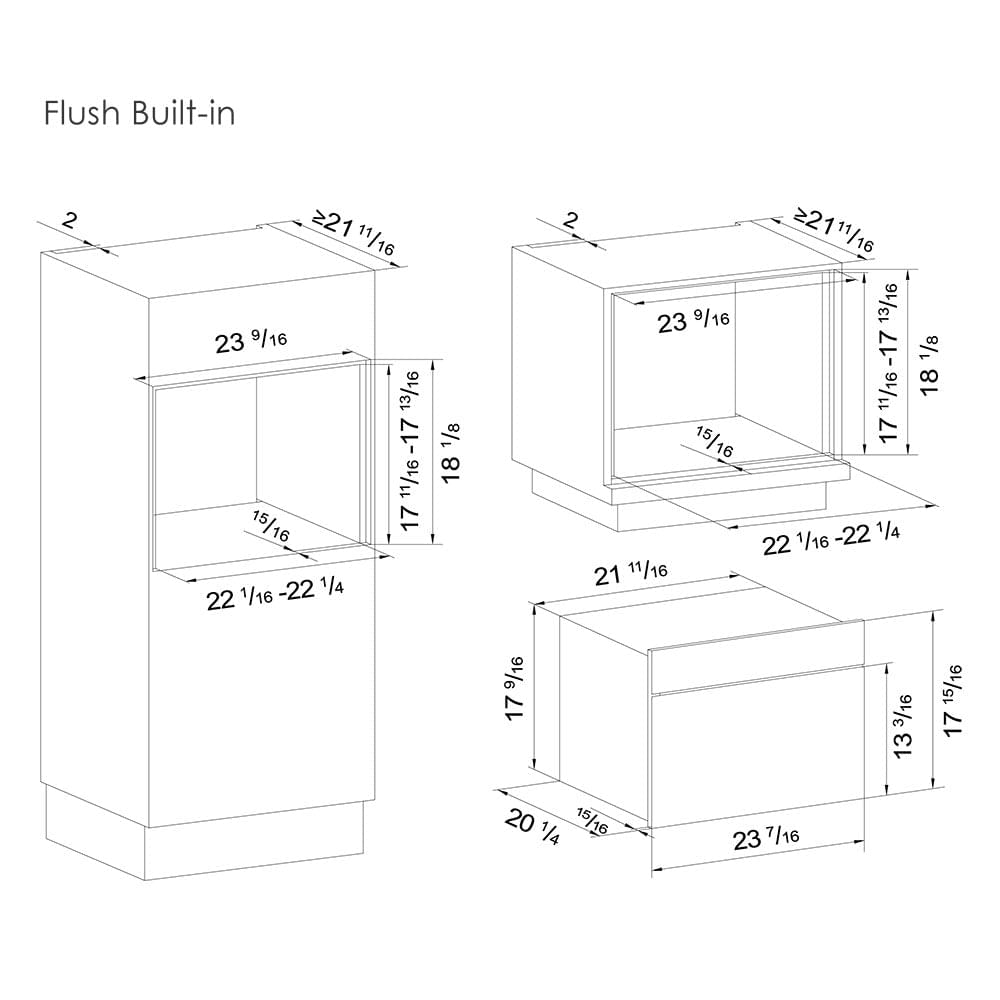 Flush built-in steam oven installation dimensions diagram with front opening and cavity