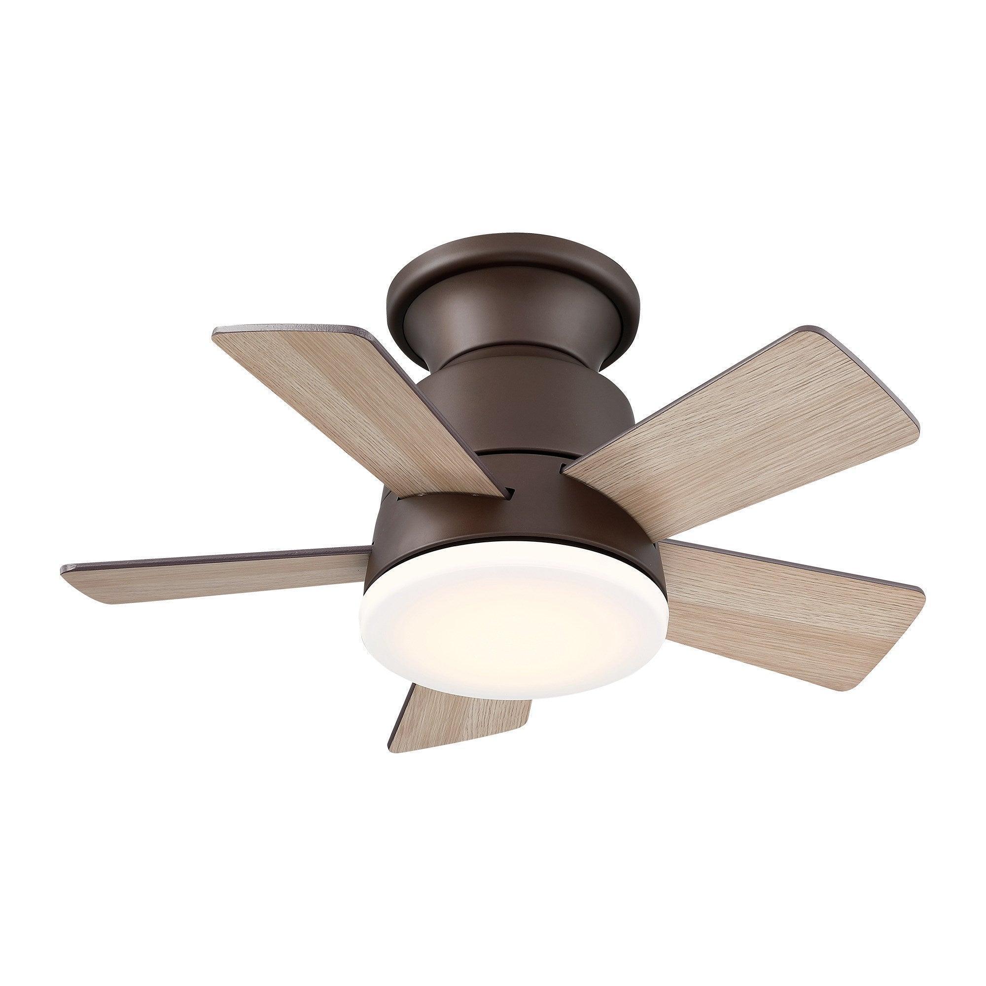 Oil-rubbed bronze ceiling fan with 5 wood blades and frosted lighting diffuser, flush mount